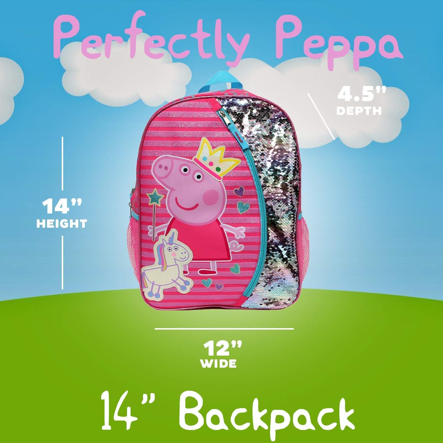 Peppa Pig Backpack for Girls for Kindergarten & Elementary School, 14 Inch, Flip Sequins & Glitter Bookbag with Padded Back & Adjustable Shoulder Straps, Lightweight Travel Bag for Kids: Clothing, Shoes & Jewelry