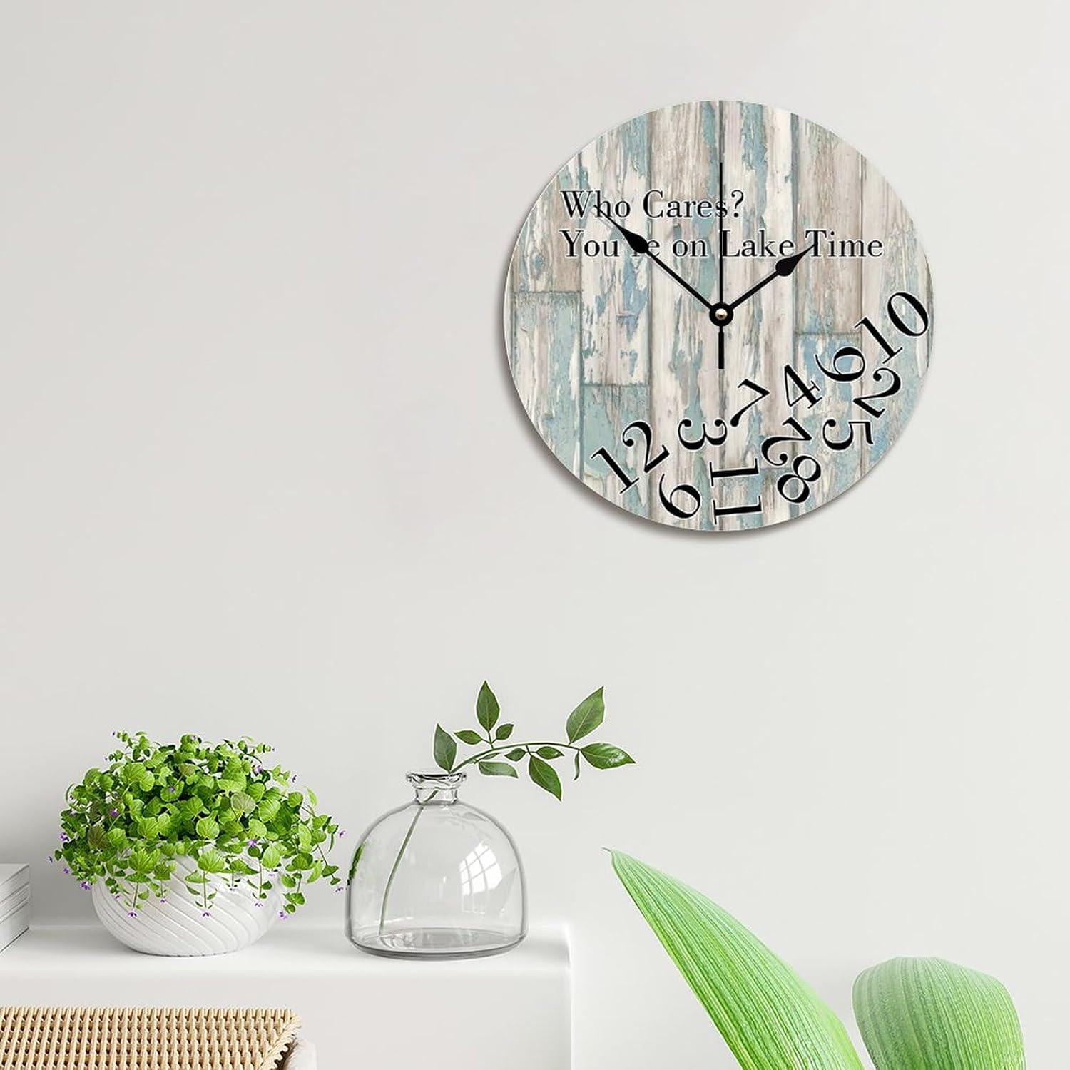 Lake Clock Wood Grain Wall Clock Who Cares You're on Lake Time 12 Inch Round Wall Clocks Battery Operated Farmhouse Hanging Clock Retro Wall Decor for Living Room Kitchen Bedroom