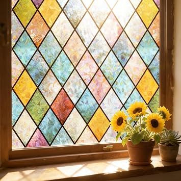 Stained Glass Window Film, 44.5x200cm, Diamond Pattern Design, Window Privacy Film with Static Cling, Gorgeous Light and Shadow Effects,Multicolour Decorative Covering for Home Windows and Glass Doors