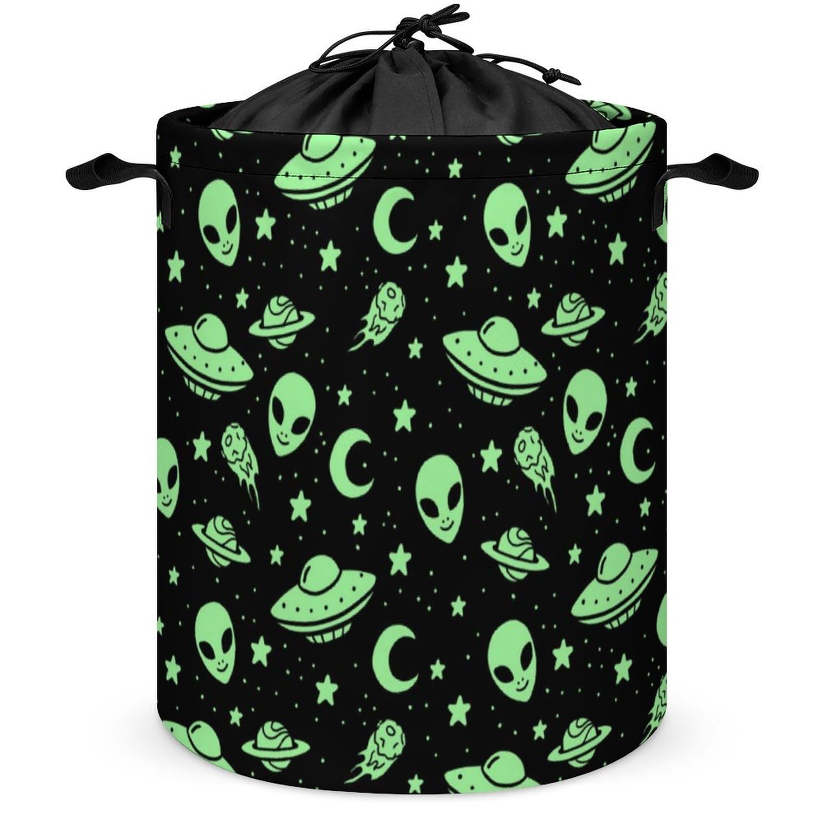 Qjjinxior Drawstring Laundry Hamper, Green Alien Moon UFO Laundry Basket, Washing Basket with Handle