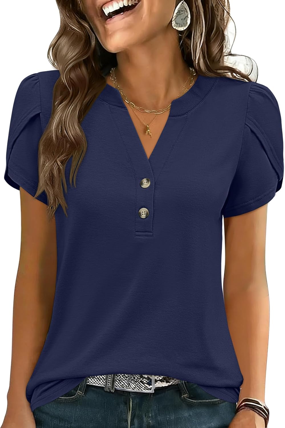ANRABESS Womens Petal Short Sleeve Henley Shirts Summer 2026 V Neck Dressy Casual Blouses Spring Business Work Tunic Tops