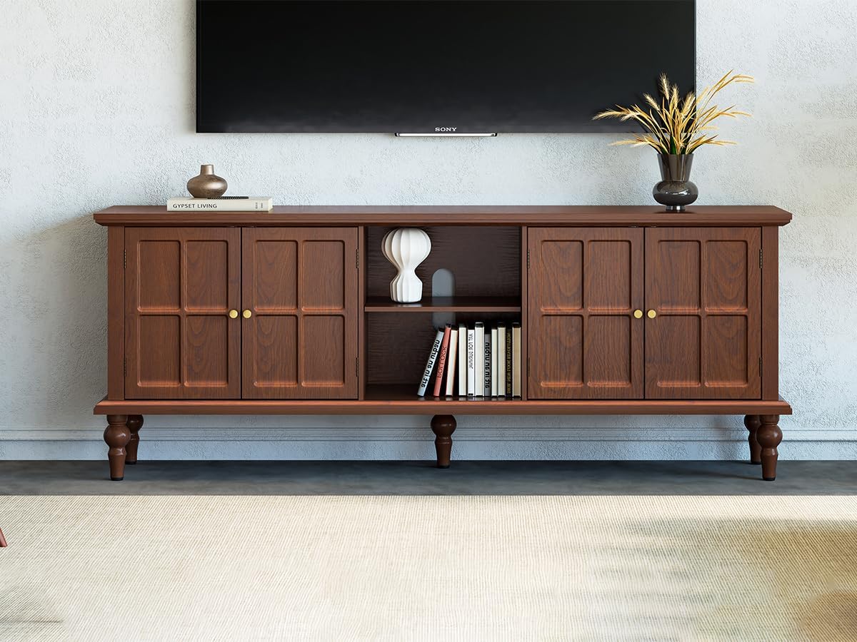 3More 67" Mid Century Modern TV Stand with Window Design,Wood Entertainment Center with Open Shelf,Up to 70" Media TV for Living Room or Bedroom,Walnut