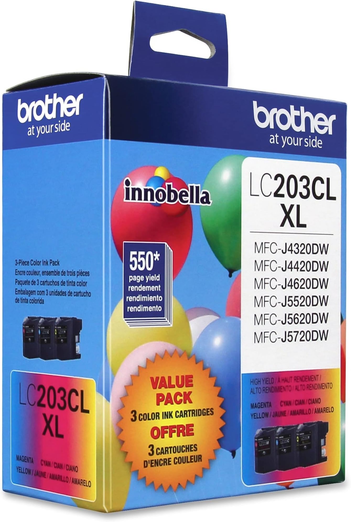 Brother Genuine High Yield Color Ink Cartridges, LC2033PKS, 3-Pack, Cyan, Magenta, Yellow, 550 Pages, Amazon Dash Replenishment