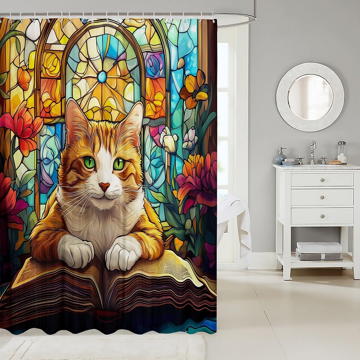 Manfei Cartoon Cat Kids Shower Curtains,Cute Animal Reading Books Bookshelf Bathroom Curtains for Boys Girls,Geometric Patchwork Abstract Chic Brown Waterproof Curtains,12 Hooks Suits,72" W x 84" L