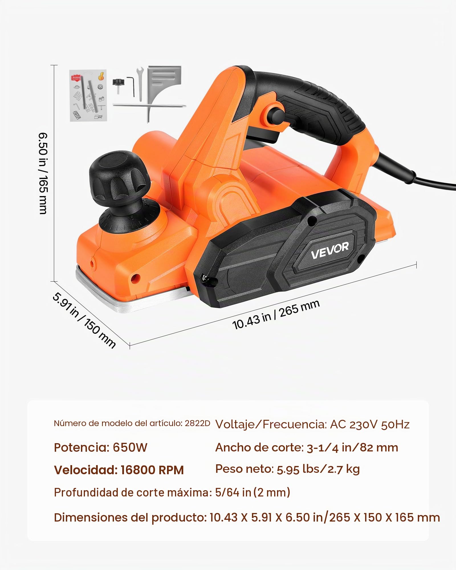 VEVOR Cepilladora Eléctrica con Cable Ancho de Corte de 82 mm, 650 W, 16800 RPM, Cepilladora de Madera, Profundidad de Corte Ajustable, Ideal para Carpintería, Biselado, Bricolaje, Acabado Liso