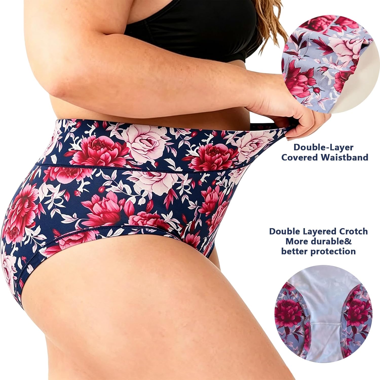 Women's Plus Size Underwear Floral Print Panties Briefs 6 Pack XL-5XL High Waist Ladies Undies for Women