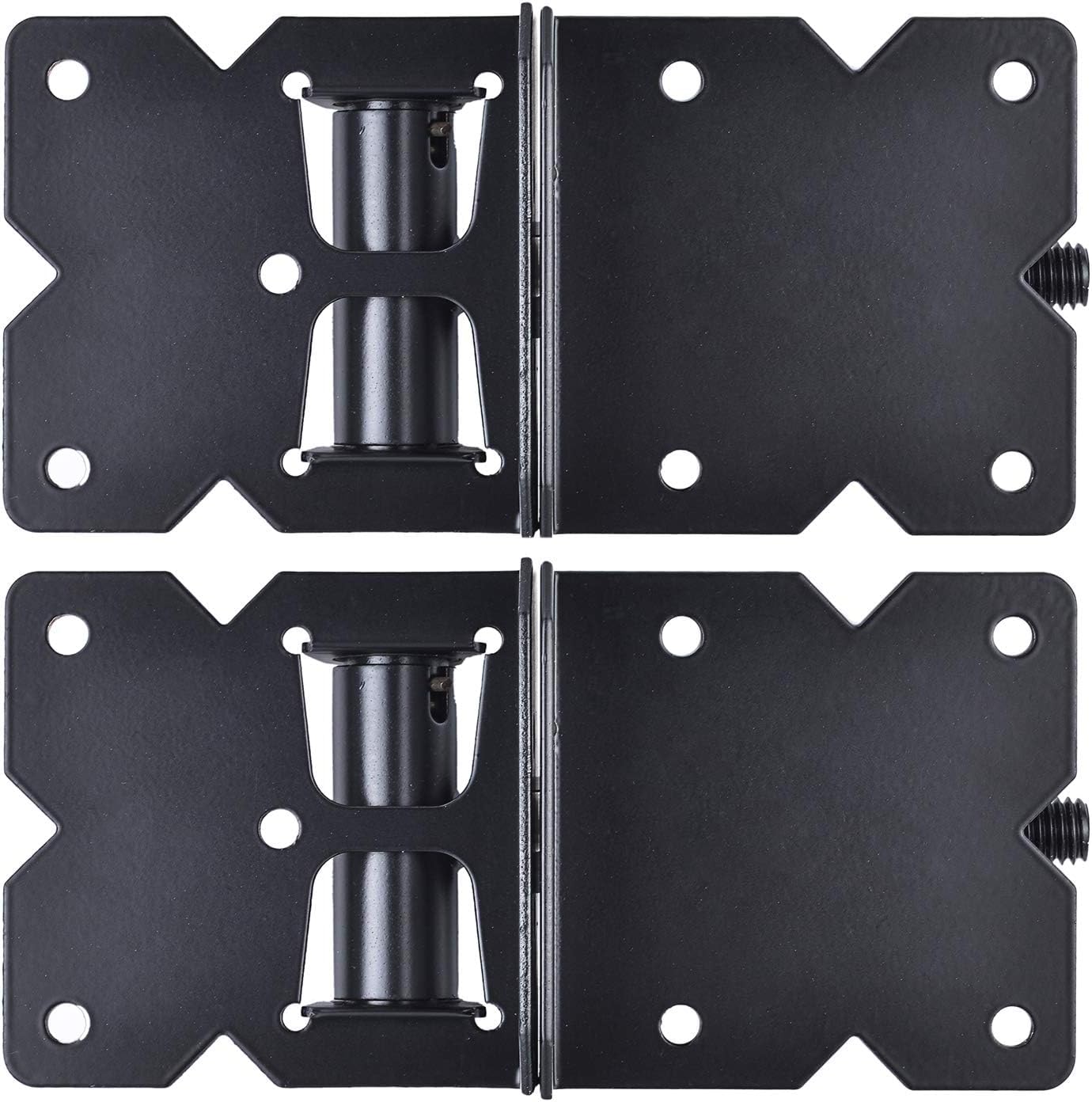 Bisagras de cierre automático resistentes para vallas de madera/vinilo/PVC, 90 grados ajustables, con tornillos de instalación y herramienta de ajuste de oscilación, paquete de 2, color negro