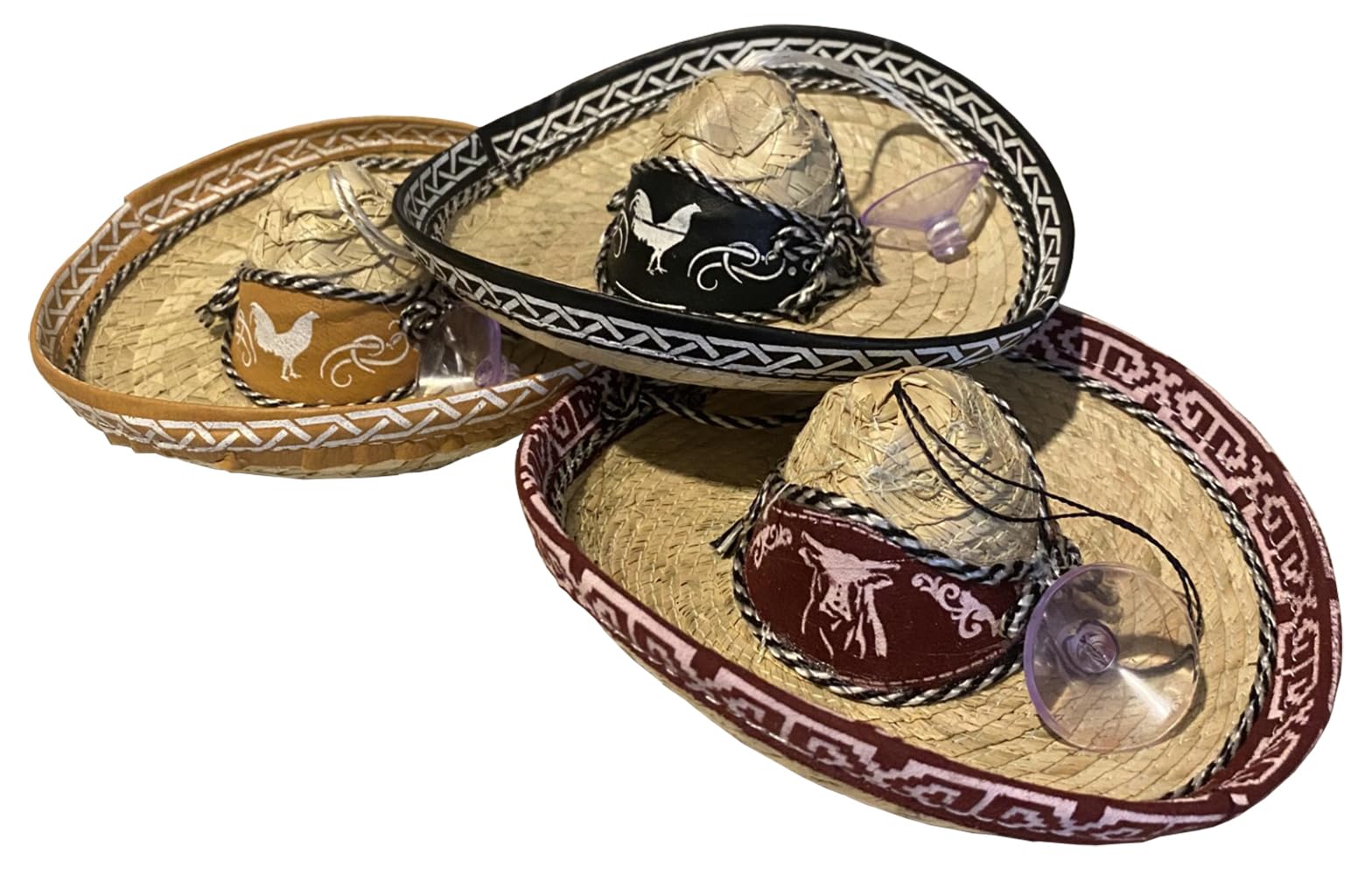 Set of 3 Mini Traditional Mexican Sombreros with Suction Cups for Windows or Windshields Fiesta Party Decorations Authentic Natural Fiber Charro