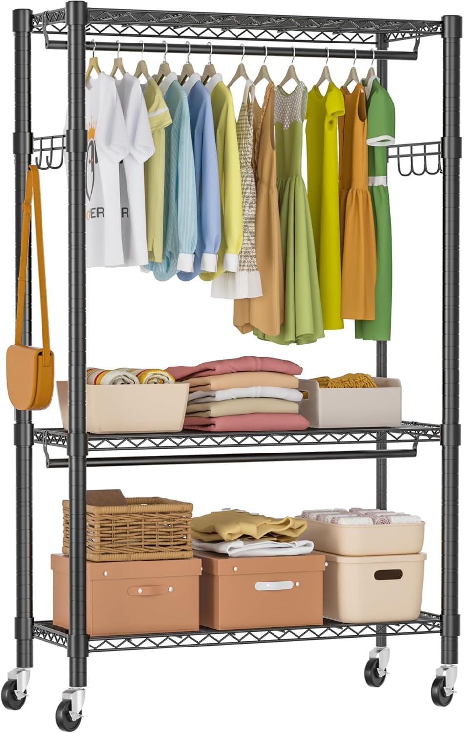 Heavy Duty Rolling Garment Rack, 1" Diameter Rods, 3 Tiers Adjustable Wire Shelving Clothes Rack with Double Rods and Side Hooks, Freestanding Wardrobe for Hanging Clothes, Black