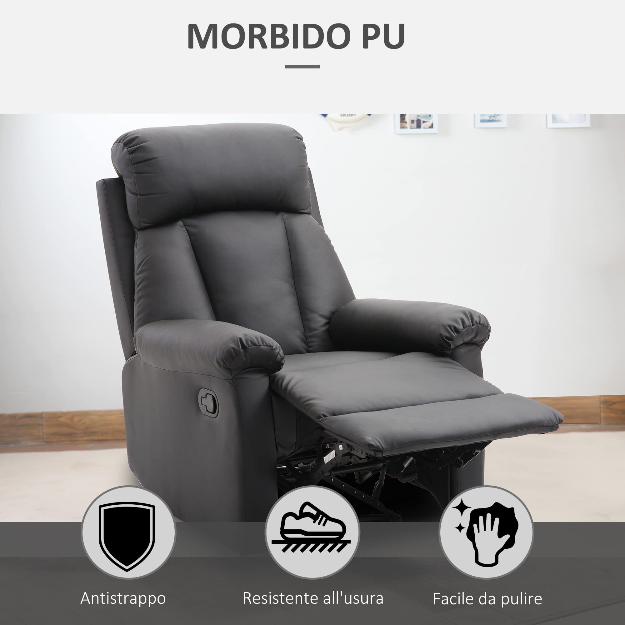 HOMCOM Poltrona Relax Reclinabile Imbottita Ergonomica con Poggiapiedi Pelle PU 80 x 97 x 107cm Nero