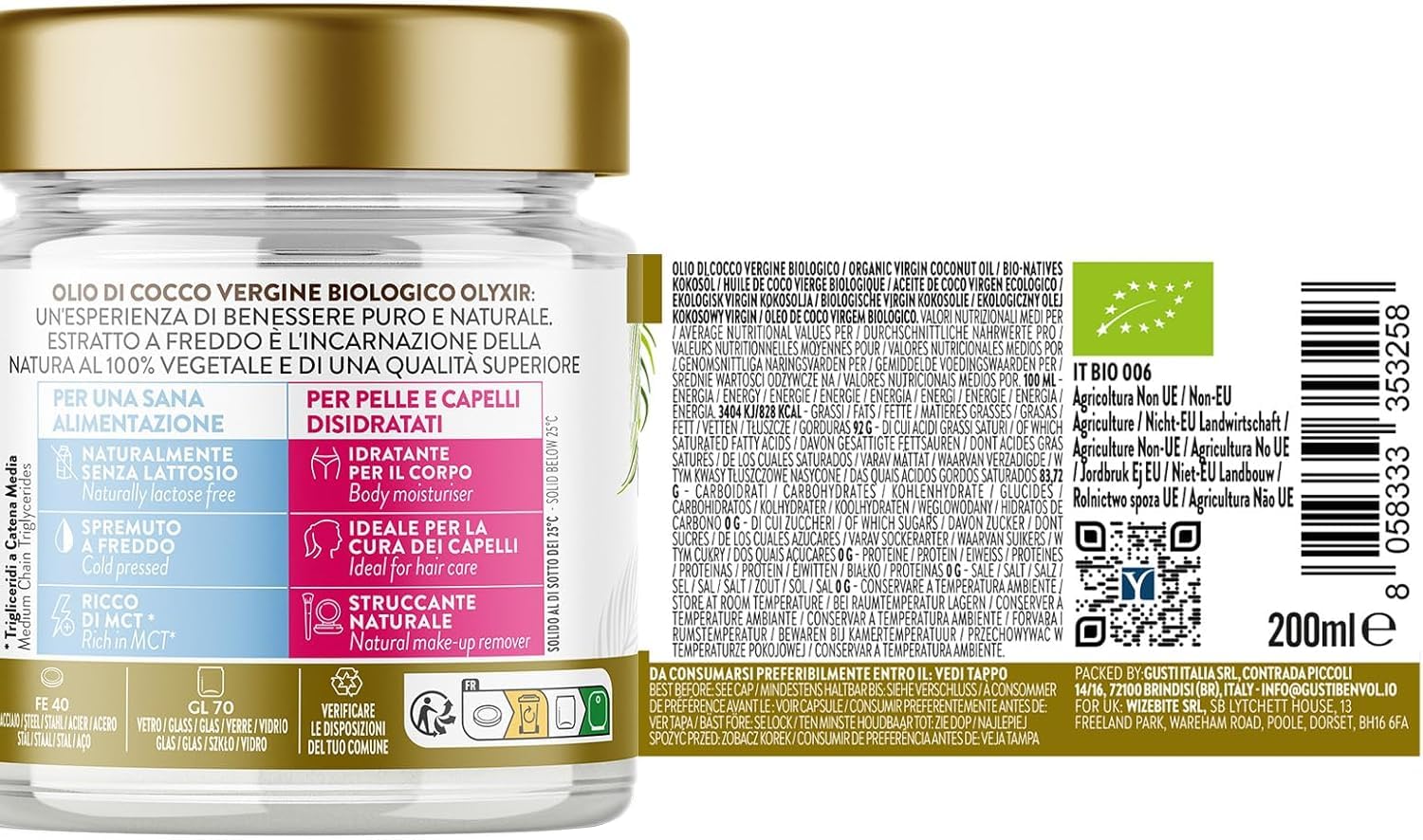 OLYXIR - Ekologiczny olej kokosowy do kosmetyków, tłoczony na zimno, 200 ml, naturalny środek do usuwania makijażu, nawilżający naturalny kosmetyk, olej kokosowy, do skóry, ciała i włosów, organiczny