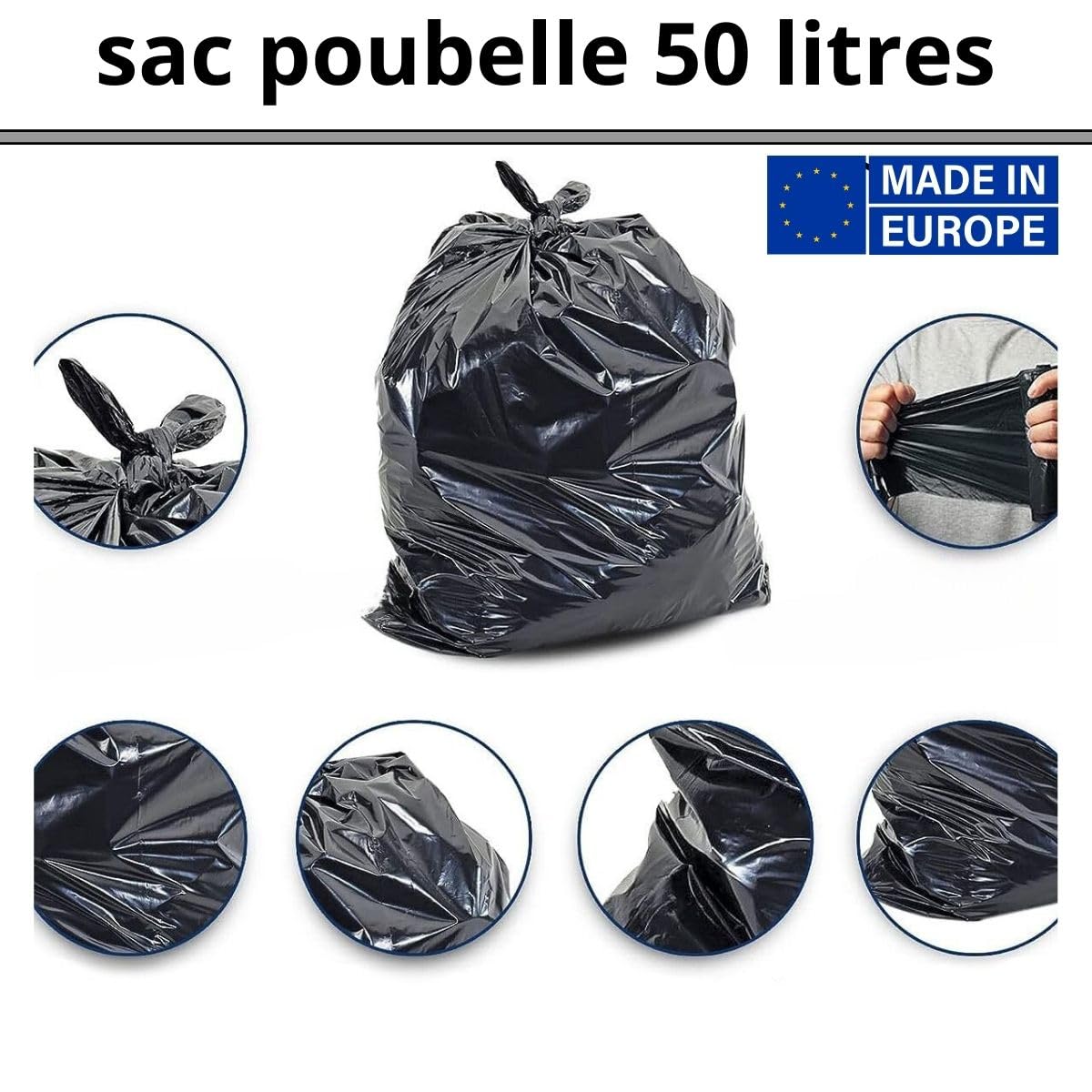 Sacchetti per rifiuti 50 l neri rinforzati 30 micron | Polietilene riciclato | Anti perdite - Anti perforazione | Carichi pesanti e pesanti | Uso privato e professionale | Produzione europea | (1000)
