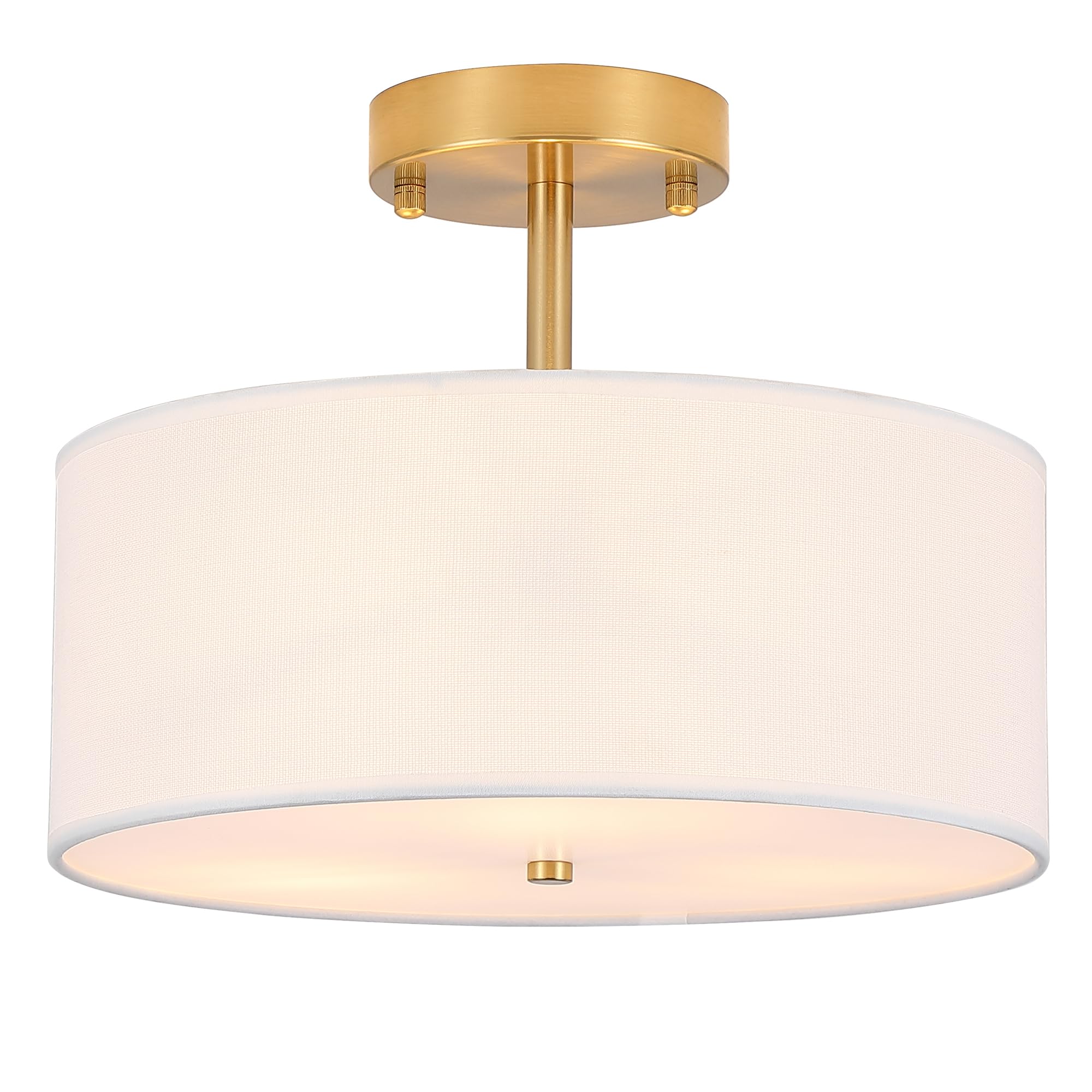 Febeleven Drum Gold 3-Light Semi Flush Mount Ceiling Light, Modern Chandeliers Ceiling Light 12.6’’ with Fabric White Linen Shade Design for Living Room Bedroom Kitchen Hallway Dining Room
