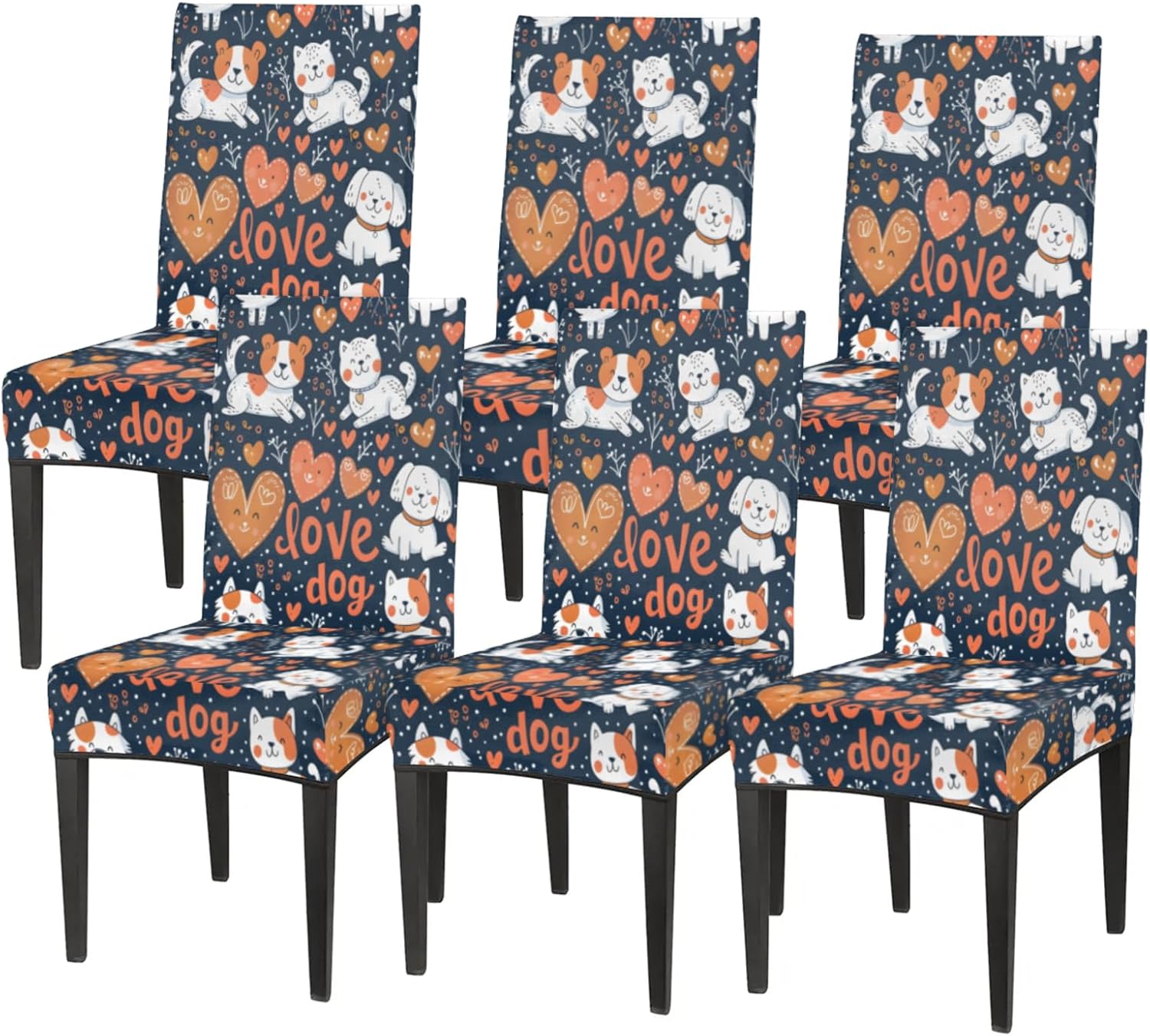 QsirBC Love Leaves Cute Dogs Stretch Dining Room Chair Covers Set of 4 Chair Slipcovers Removable Washable Kitchen Seat Covers Chair Protectors for Hotel Party Wedding
