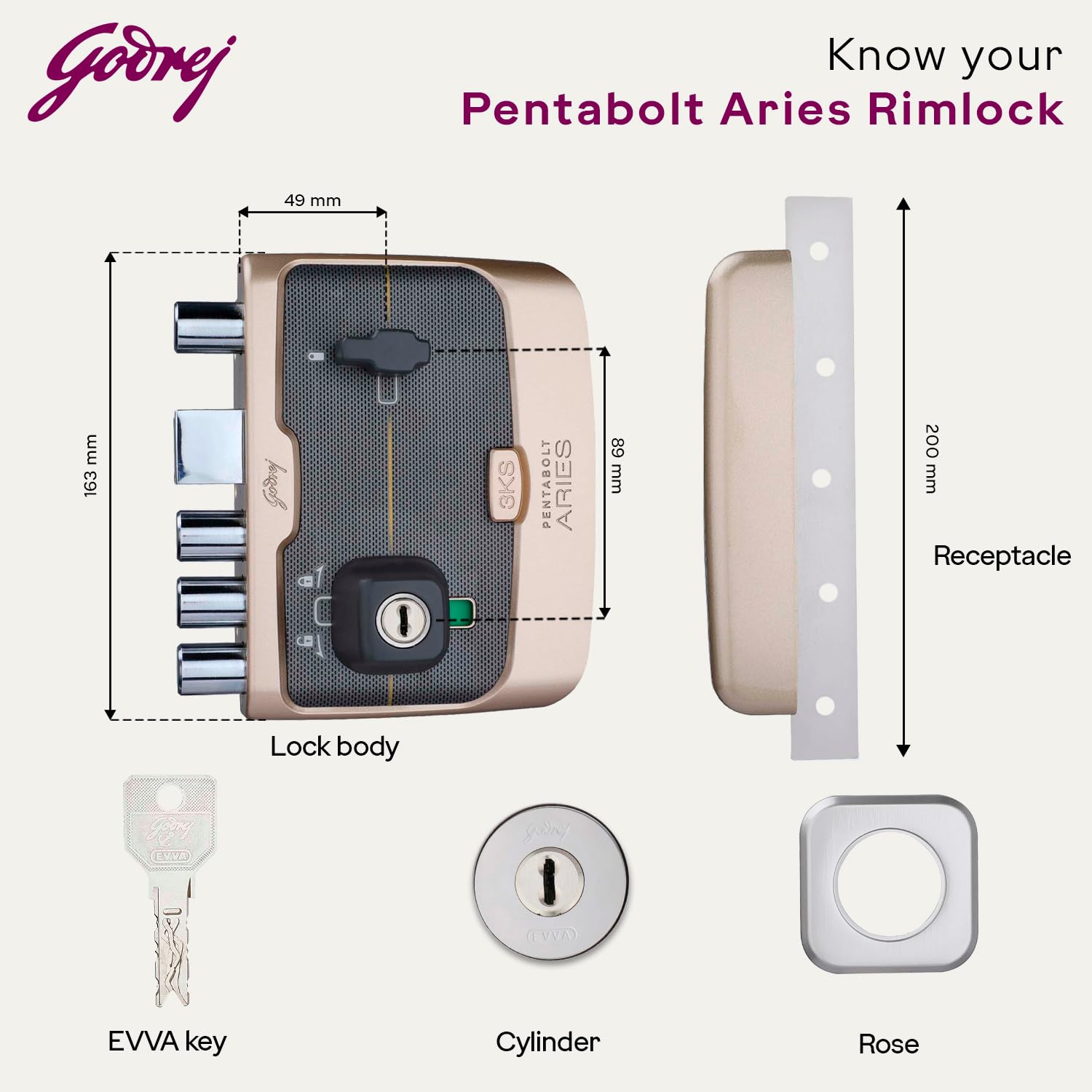 Godrej Rim Lock I Pentabolt Aries 3KS I 5 Bolts I 2C Deadbolt I for Inside Opening Door l Left/Right Handed Doors I 4 Keys I 15-Year Warranty I Manual Locking I Vegas Gold Finish 2