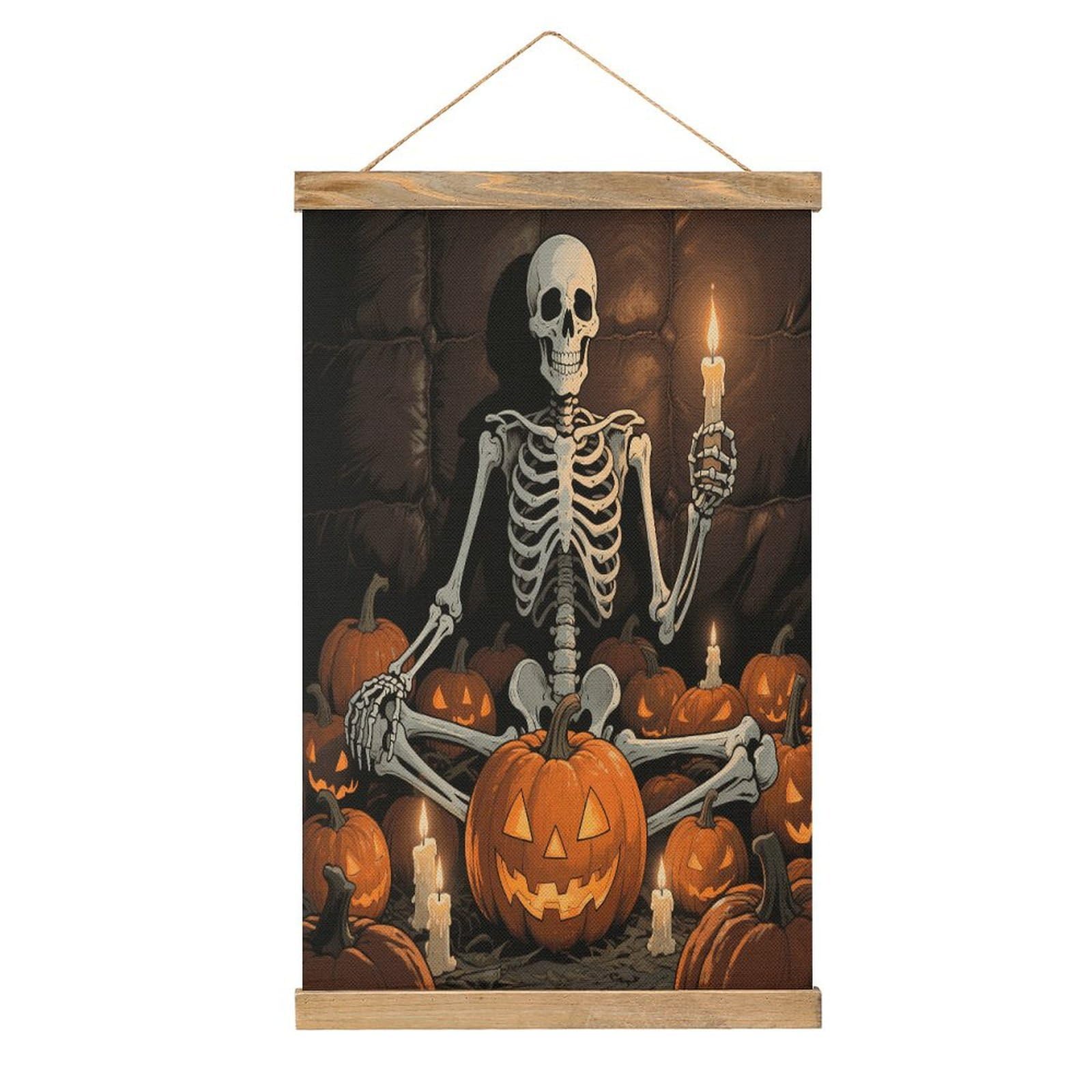 VstaDank Skull Pumpkin Hanging Poster with Wooden Frame Modern Linen Hanging Painting Retro Style Wall Decor Art Painting for Living Room,Bedroom Decor Poster Frame 20.4x13.1inch