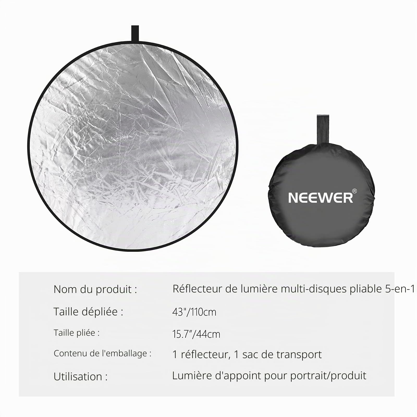 Neewer® Réflecteur de lumière 5 en 1 - Blanc translucide, Pliable, pour Prendre des Photos ou enregistrer des vidéos en Studio - 110 cm - Noir, doré, Argent, Blanc