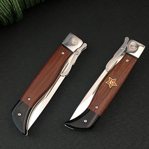 Miniatura 8 de Manual Open Folding Pocket Knife with Leather Sheath, 440C Steel Mirror Blade, Rosewood Handle, EDC Tactical Pocket Knife with Liner Lock,