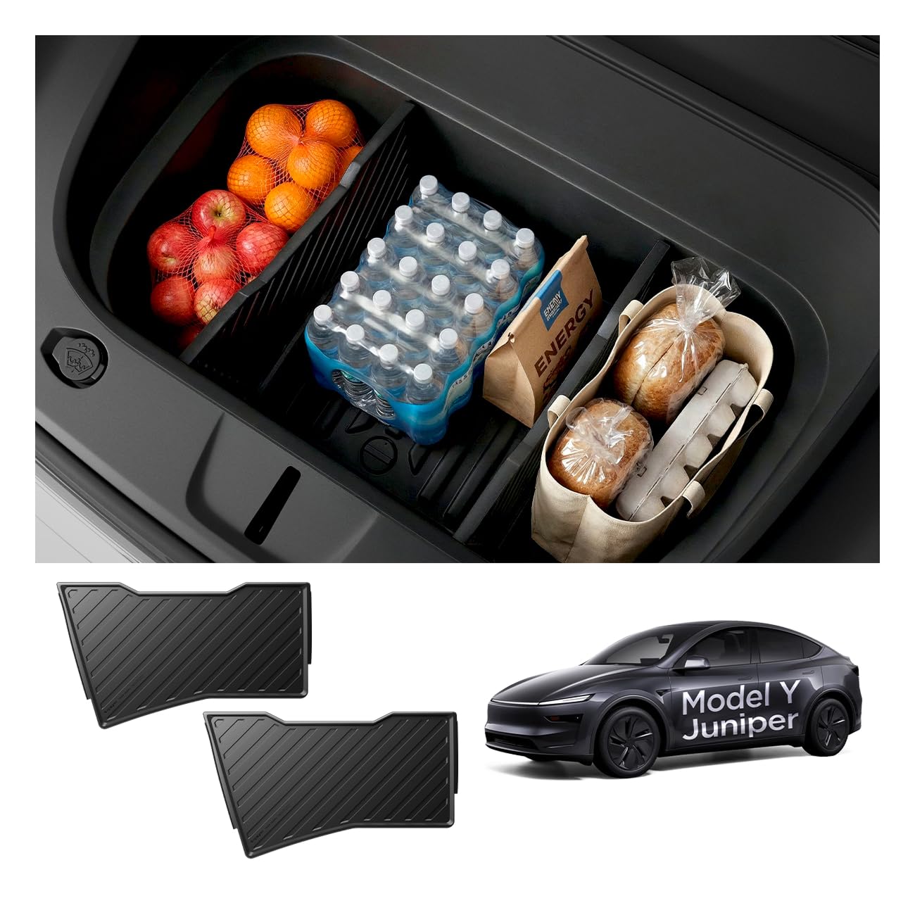 Spigen Tesla Model Y Juniper (Premium/Performance 2025-26) Organisateur de Coffre Avant de Voiture [Lot de 2], Boîte de Rangement Frunk avec Séparateurs Ajustables, Revêtement & Silicone Antidérapant