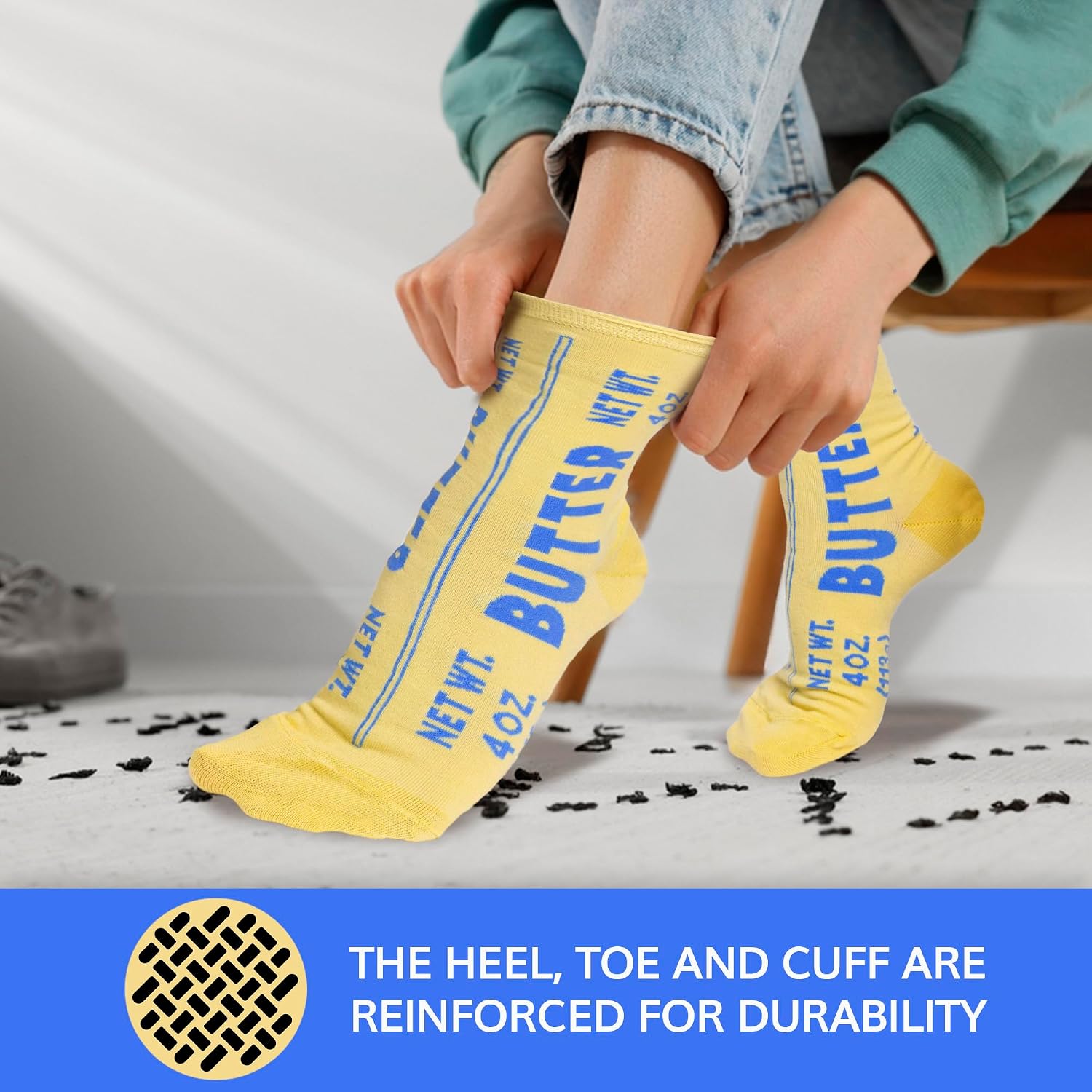 VELENTI Butter Socks – Funny Food Novelty Crew Socks for Women 5–10 & Men 4.5–8.5 | Soft Cotton Blend | Unique Gift for Chefs