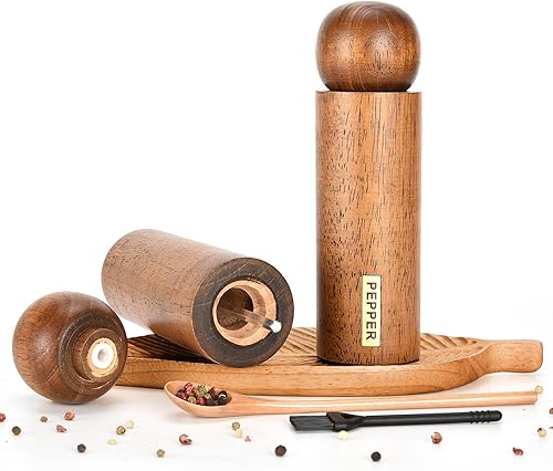 Miniatura 5 de Zettai Juego de molinillo de sal y pimienta de madera con bandeja, 8 pulgadas, molinillo de sal y pimienta de madera para cocinar, comedor,