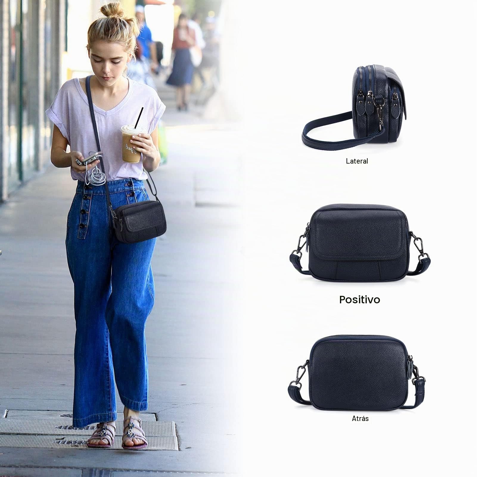 HUA ANGEL Bolso Bandolera Mujer Piel Auténtica, Bolso Pequeño de Cuero con 3 Compartimentos, Bolsos Mujer Móvil Elegante Bolsitos para Diario Trabajo Viaje Fiesta