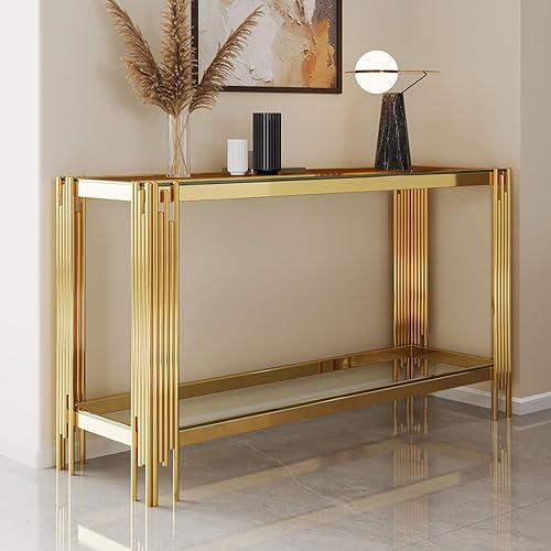 Miniatura 14 de Moderna mesa consola de cristal de 2 niveles, mesa de sofá de lujo con parte superior de vidrio templado transparente con patas plateadas brillantes