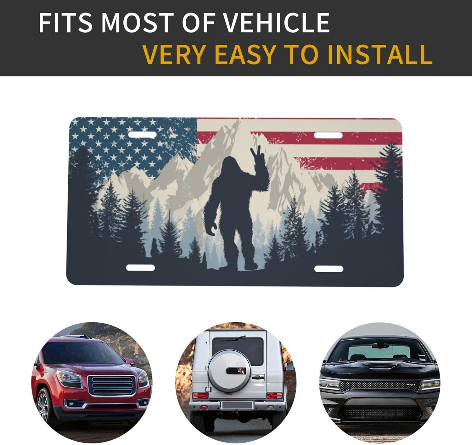 Front License Plate Cover, American Flag Bigfoot Sasquatch Car Decor Accessory Aluminum Metal Rust-Proof US Car Plate Novelty Vanity Tag Cover Decorative with 4 Holes for Men Women 6 * 12 in