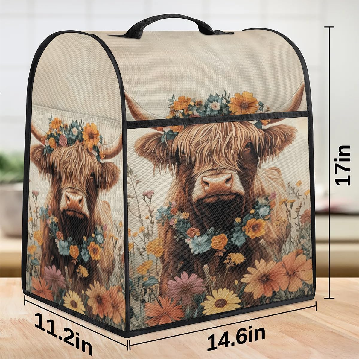 Highland Cattle Kitchen Aid Mixer Cover Highland Cow Sunflower Coffee Maker Cover Stand Mixer Covers Compatible with 6-8 Quart Tilt Head Bowl Lift Dust Cover with Pockets for Accessories