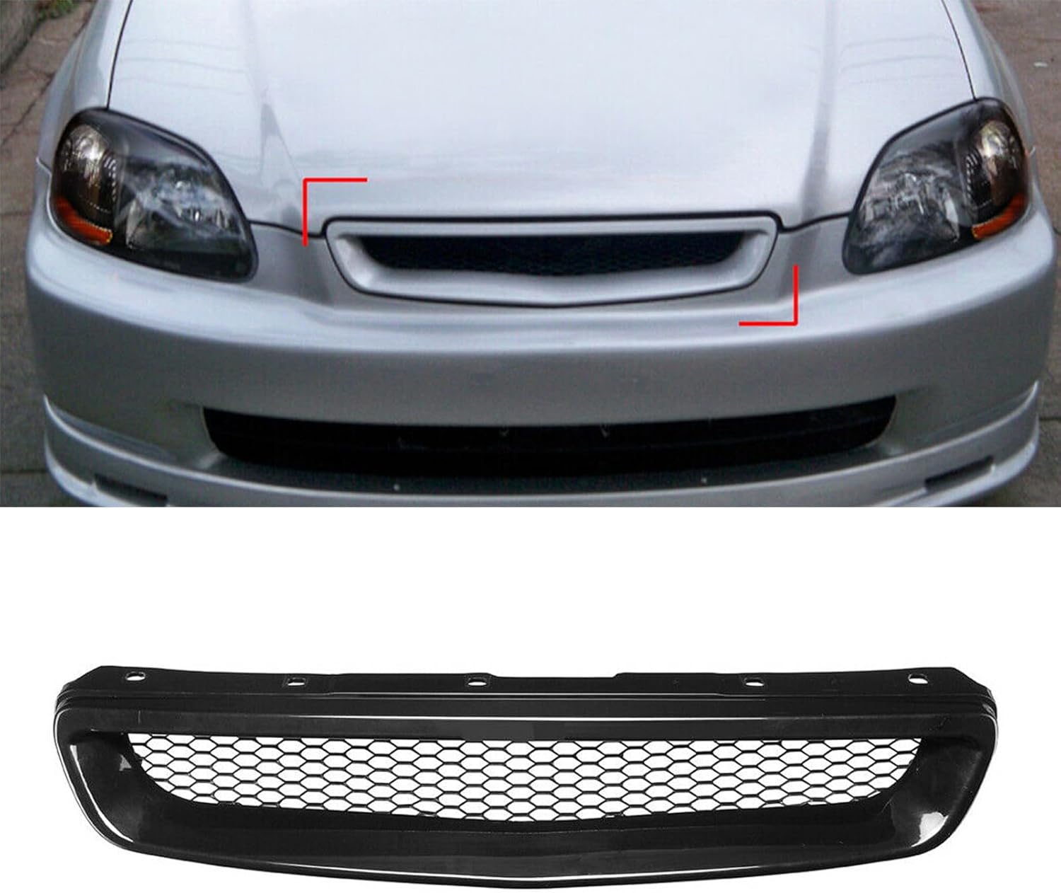 YLT AUTO Front Bumper Upper Grille Guard Black ABS Honeycomb Shaped Air Intake for 1994 1995 1996 1997 Honda Accord Type-R