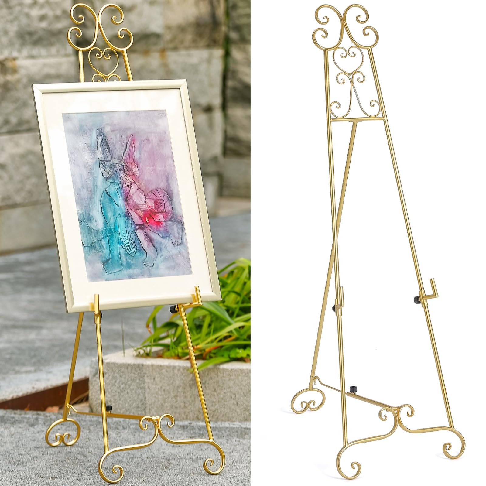 Metal Large Free Standing Adjustable Display Stand Scroll Easel with Chain Support, Gold Easel Stand for Sign, Heavy Duty Easel for Mirror, Wedding, Picture Frame (No Installation Required)