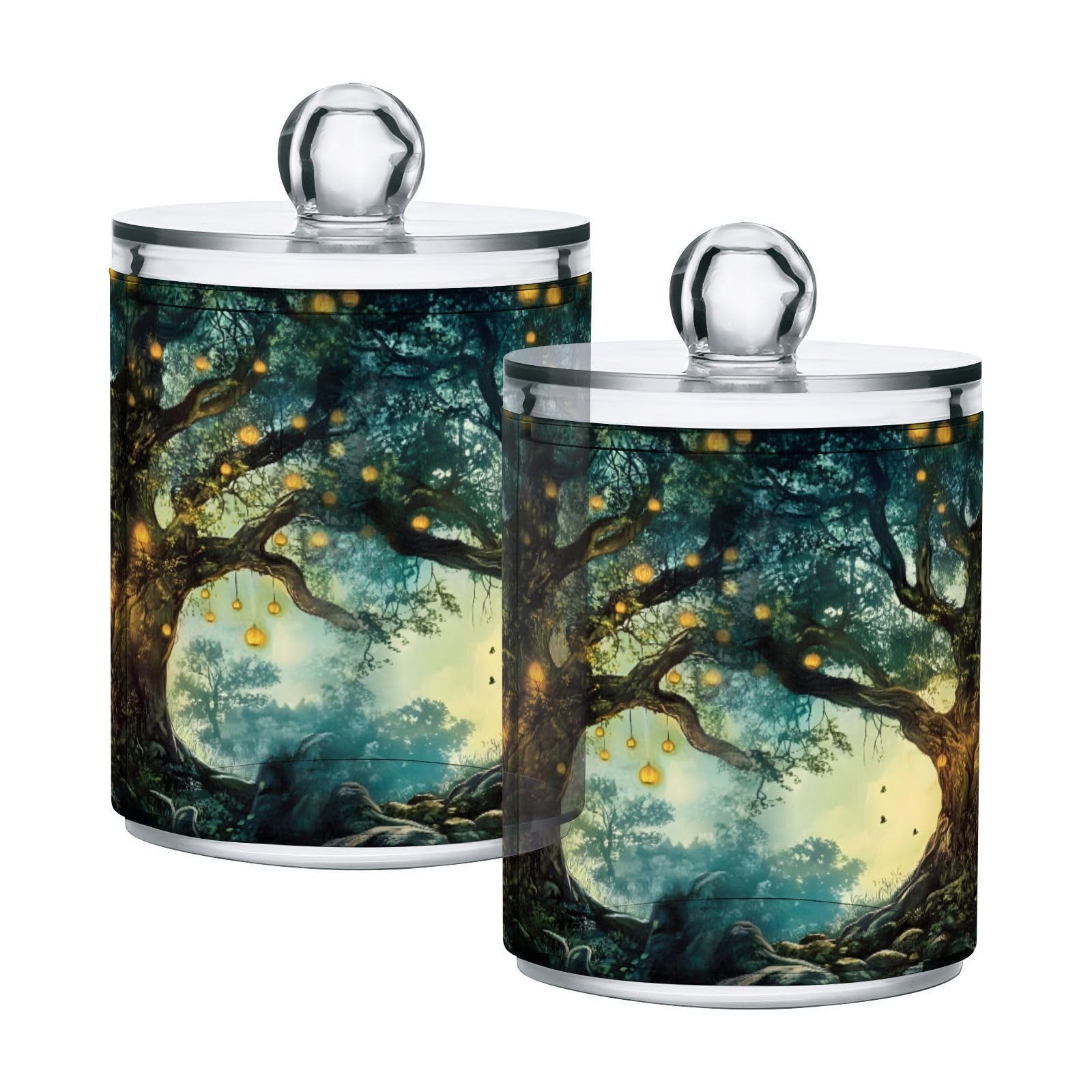 FLildon Fairy Tales Glowing Tree Qtip Holder Dispenser, Bathroom Organizer and Storage Containers, 2Pack Clear Plastic Apothecary Jars with Lids for Cotton Ball, Cotton Swab, Floss