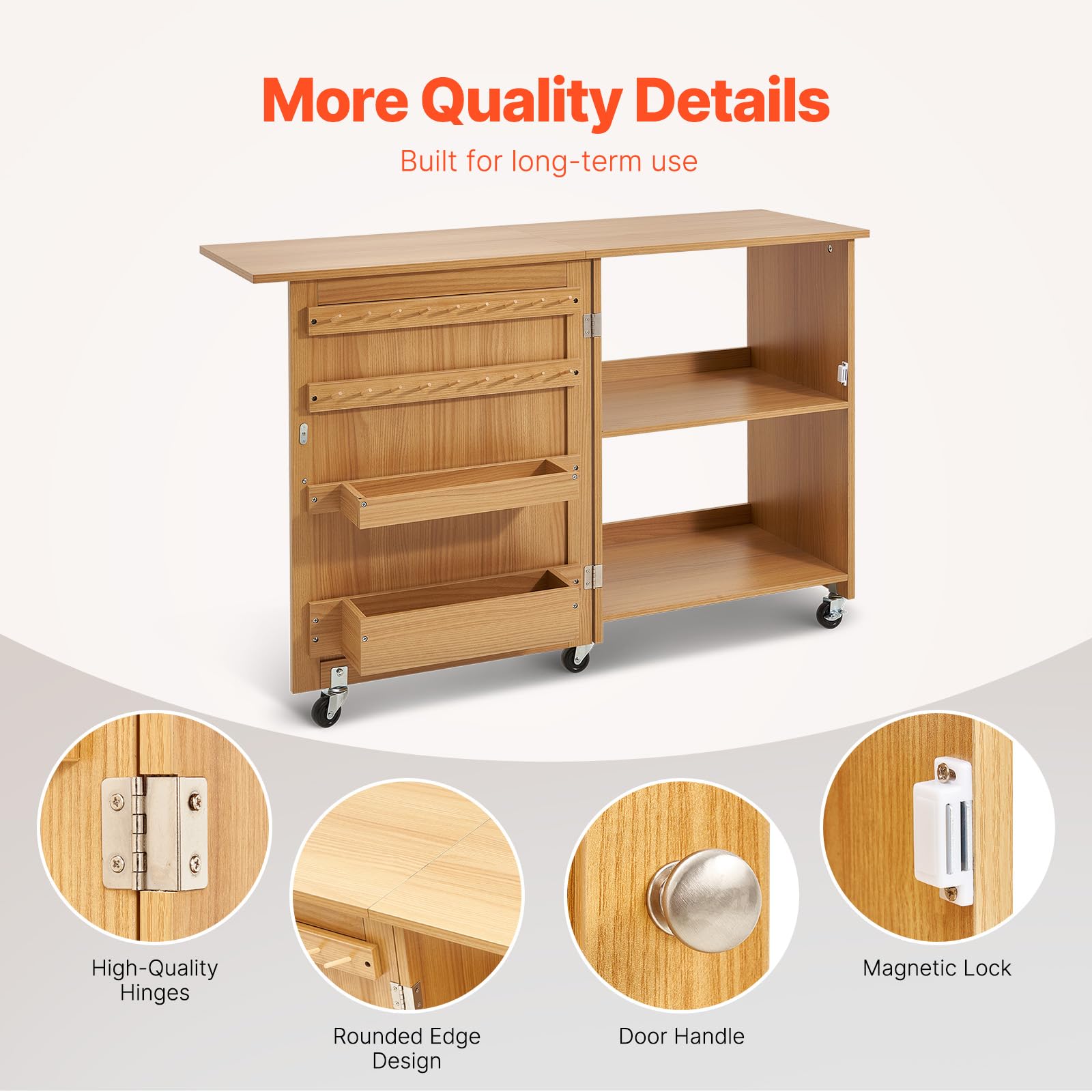 VEVOR Mesa de Costura Plegable Mesa Multiusos para Máquina de Coser con Diseño Compacto, Ruedas Bloqueables, Estantes, Bandejas de Almacenamiento, Clavijas de Madera y Puertas Magnéticas, Color Madera