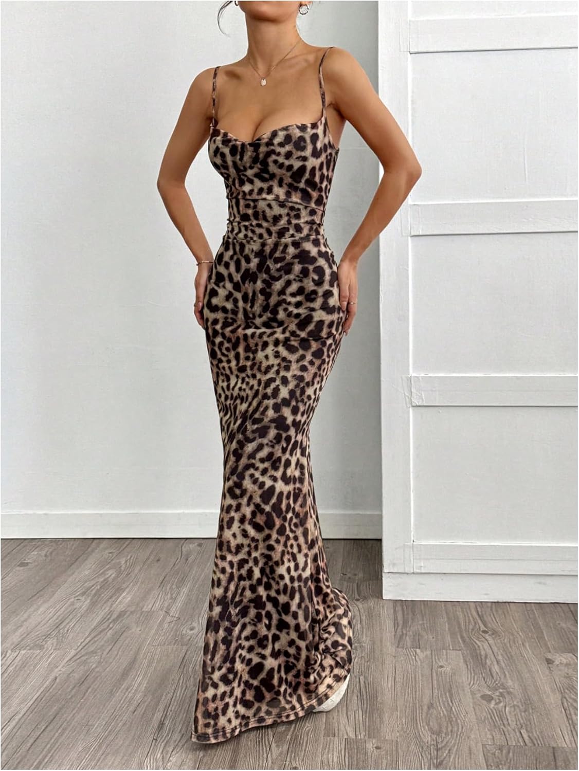 GORGLITTER Women's Leopard Print Dress Ruched Backless Sleeveless Fishtail Bodycon Long Dresses - Image 5