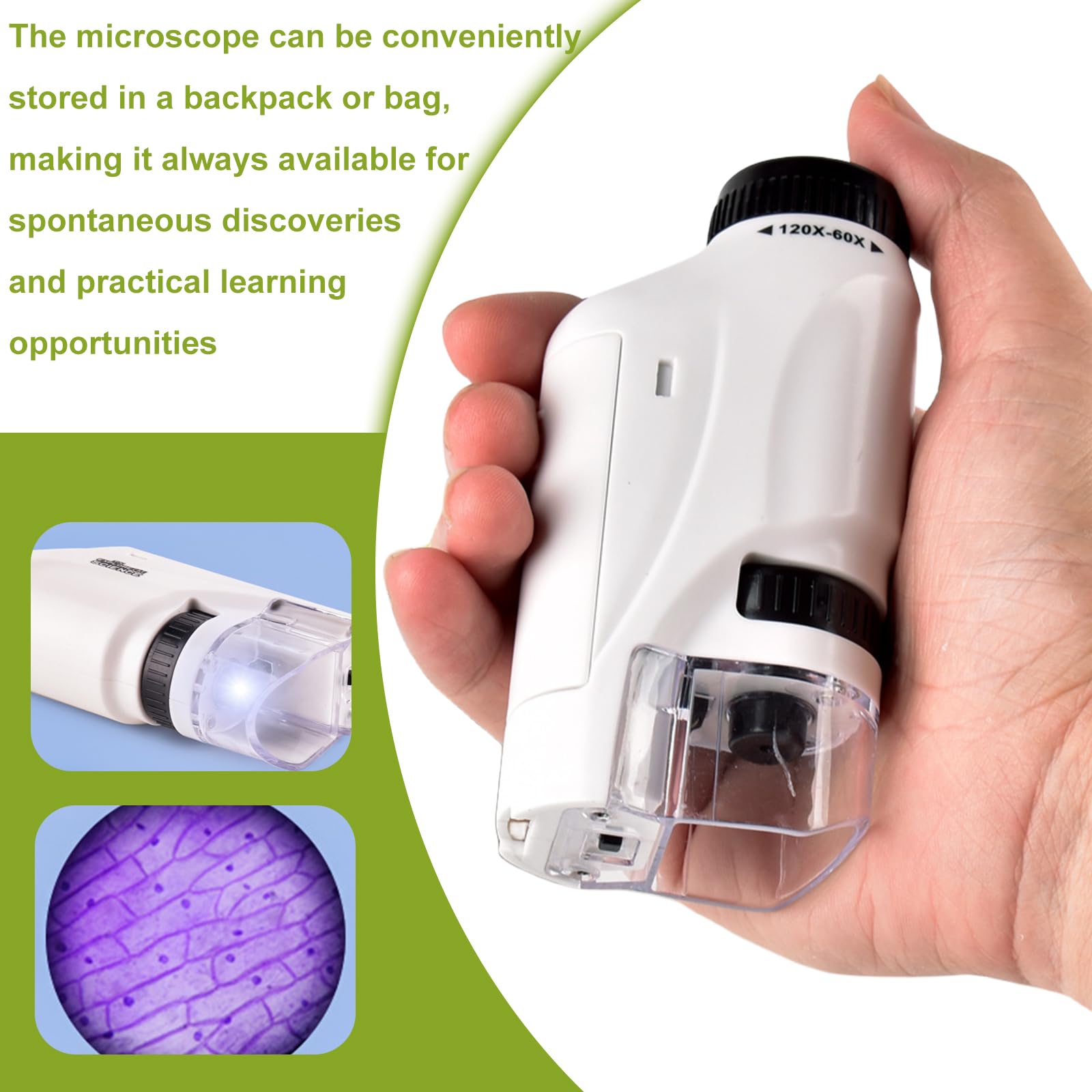 Microscopio Tascabile: Microscopio Tascabile per Bambini, Mini Microscopios Portatile con Luce LED 60X-120X per Bambini Studenti Adulti Laboratorio Domestico Scolastico