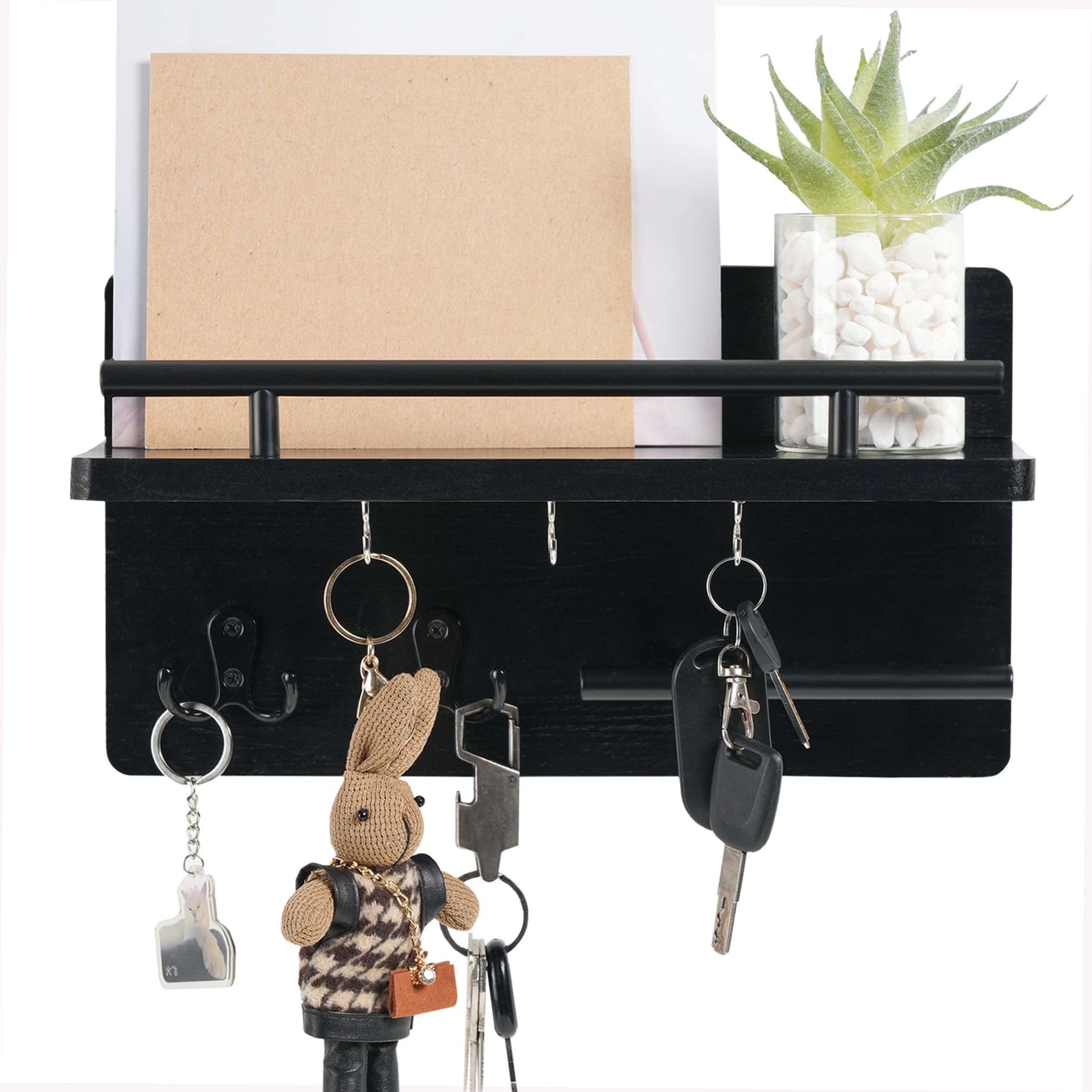 DALEMHOME Key Holder for Wall, Wooden Mail Rack Organizer with Shelf and 5 Key Hooks, Wall Mounted Key Hanger for Entryway, Black HKKS1001BK