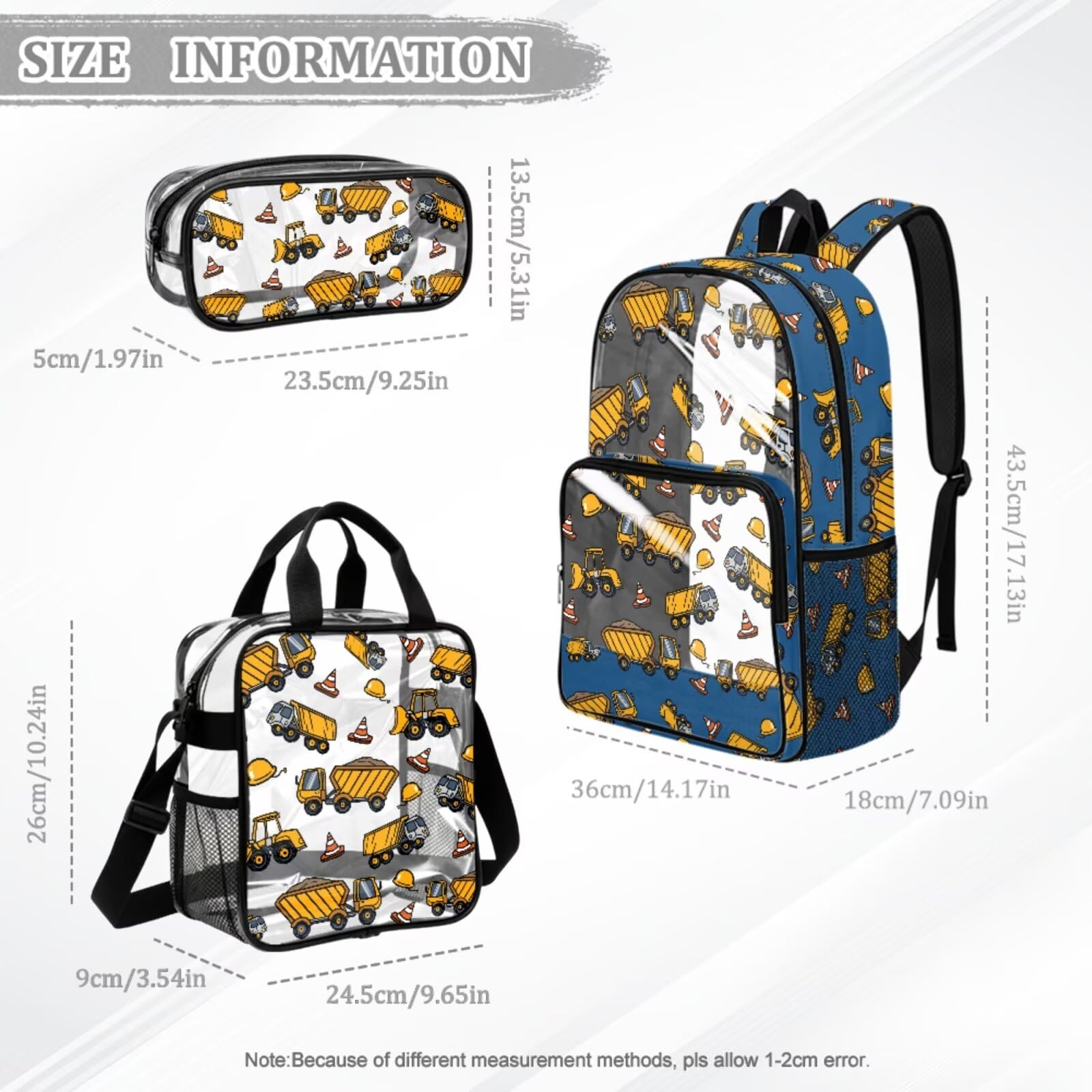 Zaino trasparente 3 in 1 per bambini, con portapranzo, approvato dallo stadio, 43 cm, trasparente, Veicolo da, M, Casual