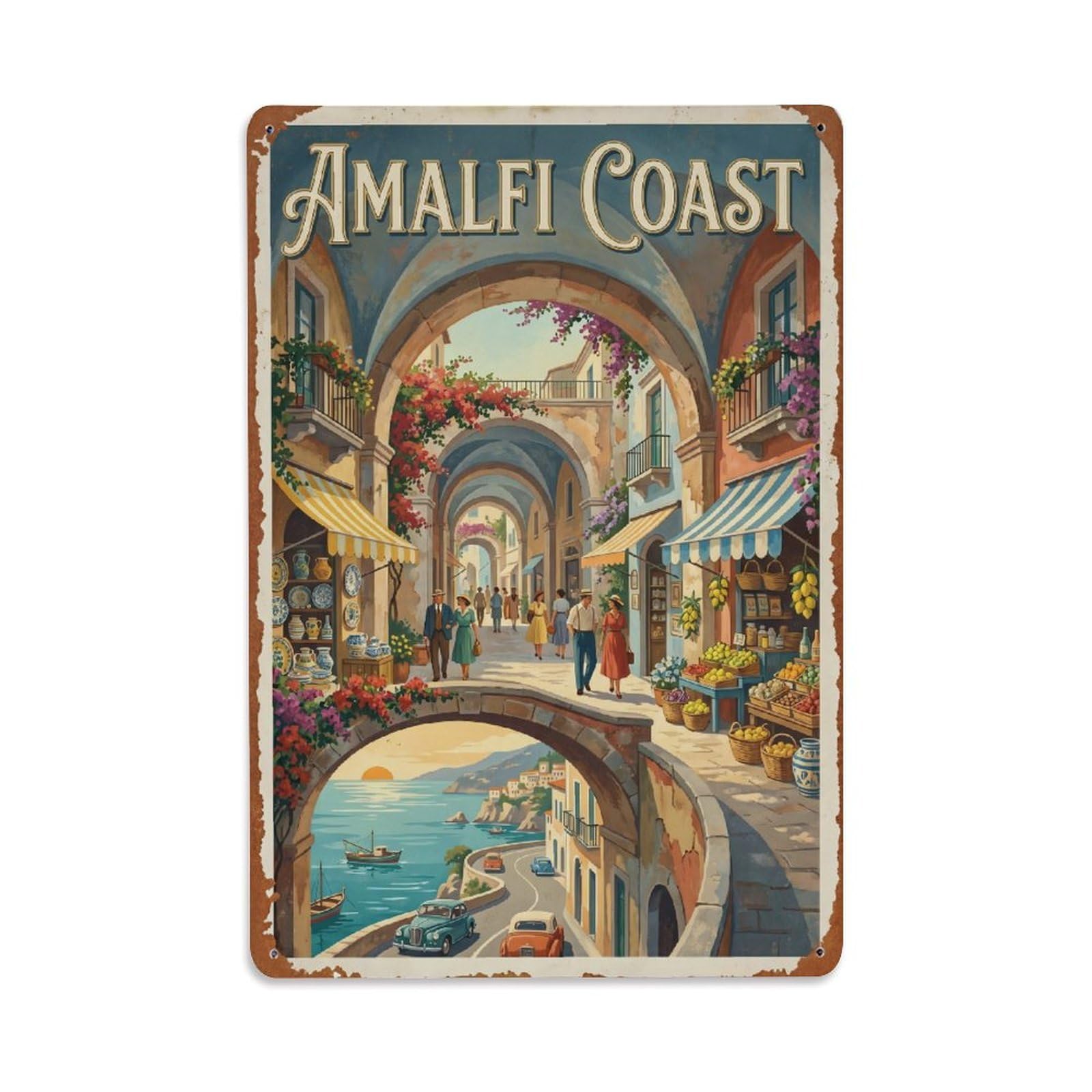 Vintage Travel Arcade Italy Covered Metal Tin Sign