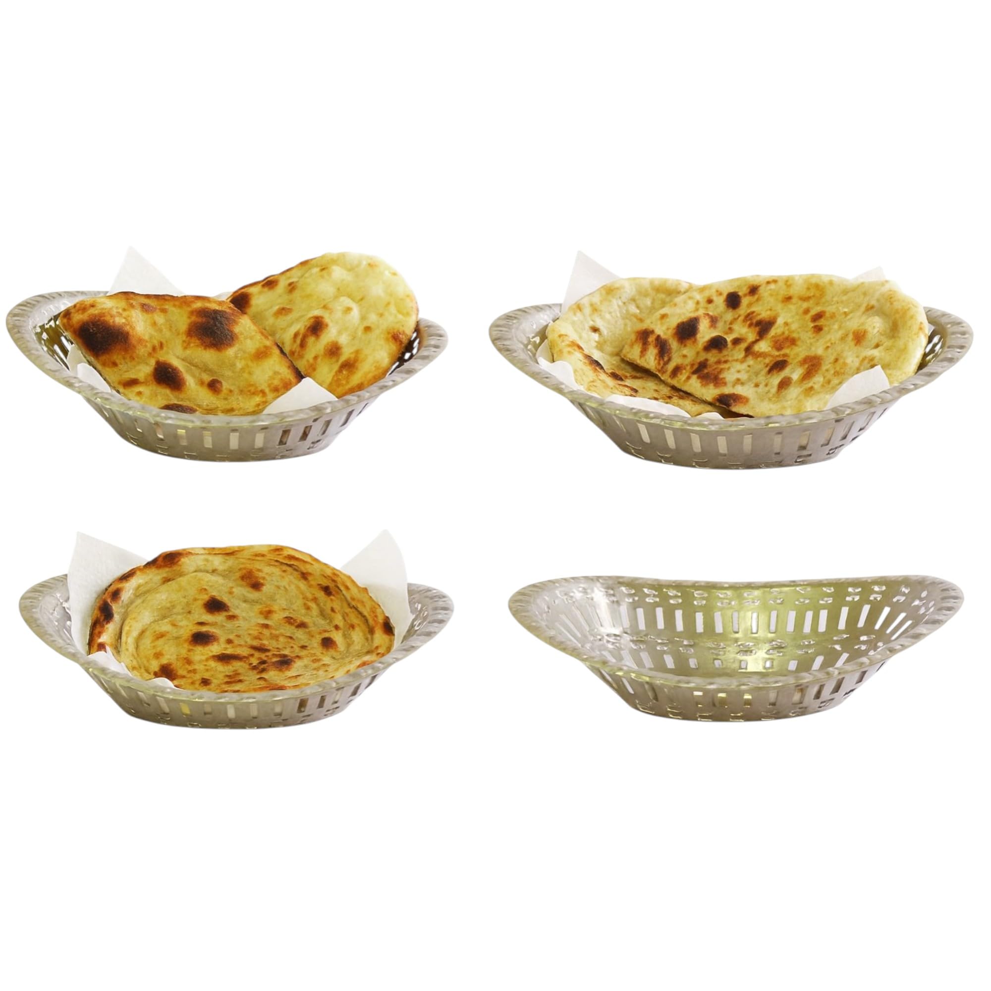THW Stainless Steel Designer Boat Shaped Bread Basket Roti Chapati Naan Tokri, Pack of 4 Pieces