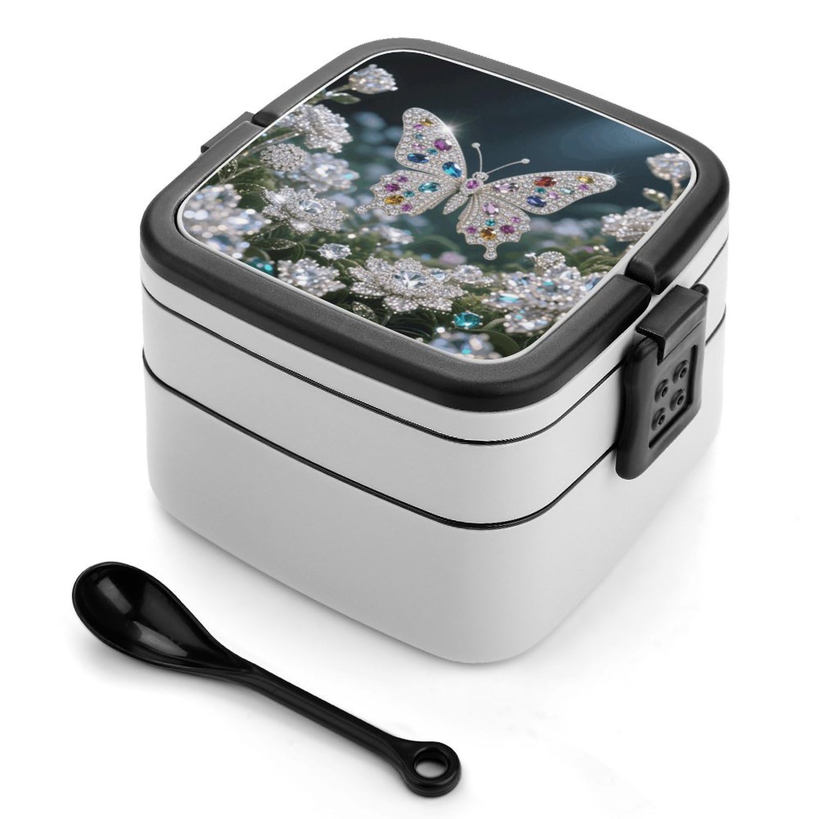 VstaDank Jewel - Butterfly Bento Box with Compartments Portable Lunch Containers with Spoon Leak Proof Bento Lunch Box Snap-On Design Double-Layer Insulated Lunch Boxes for Work Camping