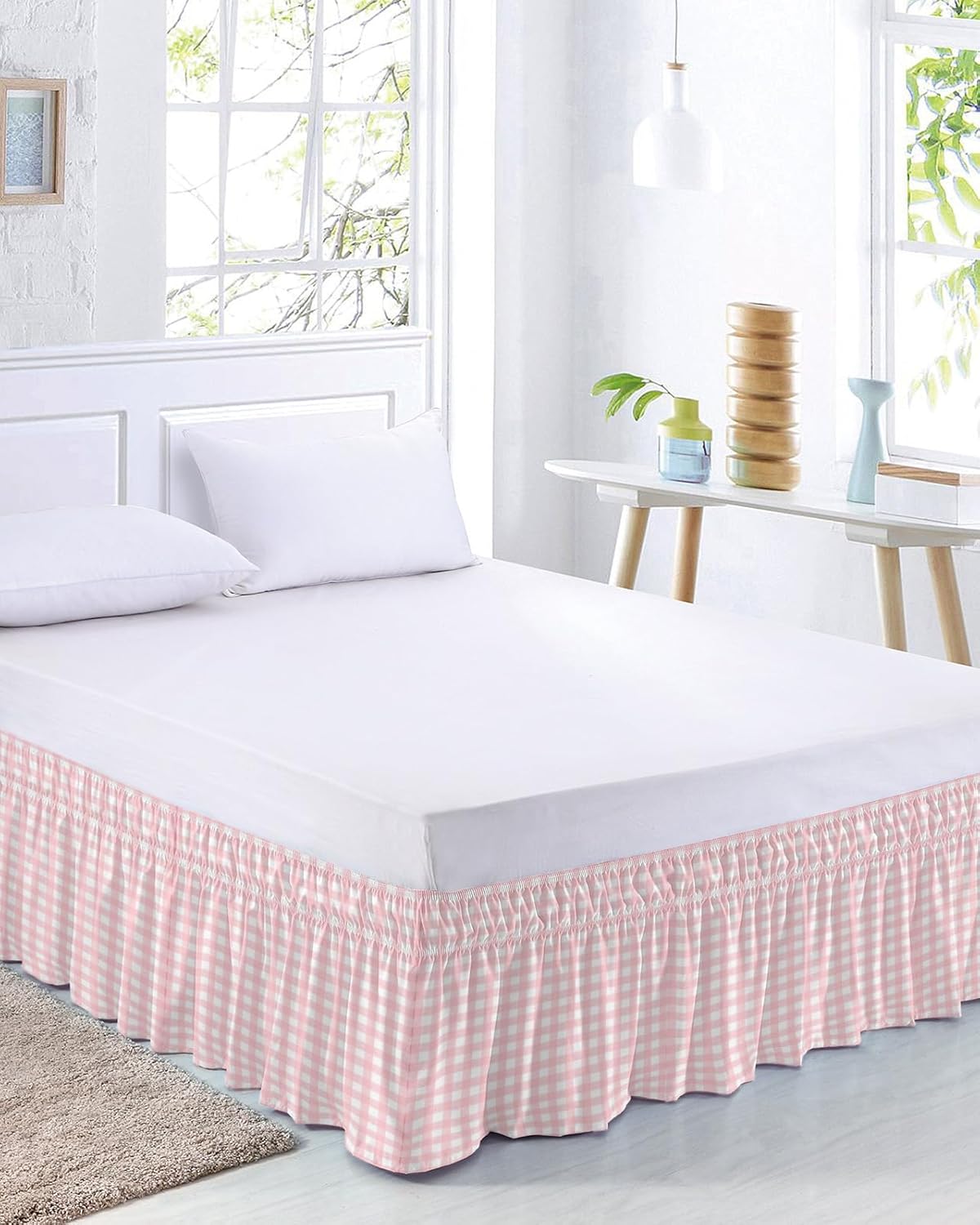 Pink Buffalo Plaid Bed Skirt King Size 16 Inch Drop, Adjustable Elastic Bedskirt Dust Ruffle for King Size Bed, Farmhouse Pink White Checkered Wrap Around Bed Skirts Luxurious Pleated Bed Frame Cover