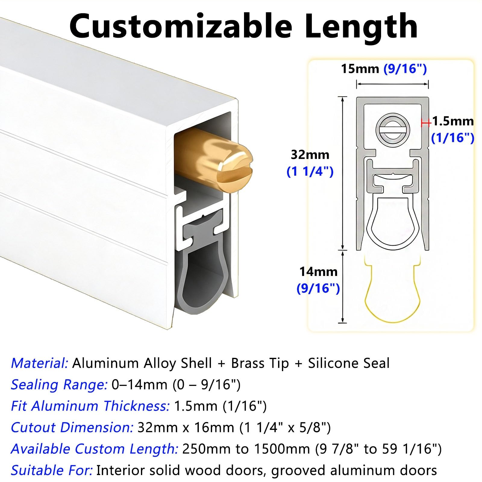 Sello Automático Bajo Puerta Con Perno Latón Interior Exterior | Ajuste Espacio 0–14 Mm, Burlete Inferior, Aluminio Silicona, Reducción Ruido, Bloqueo Luz, Protección Suelo
