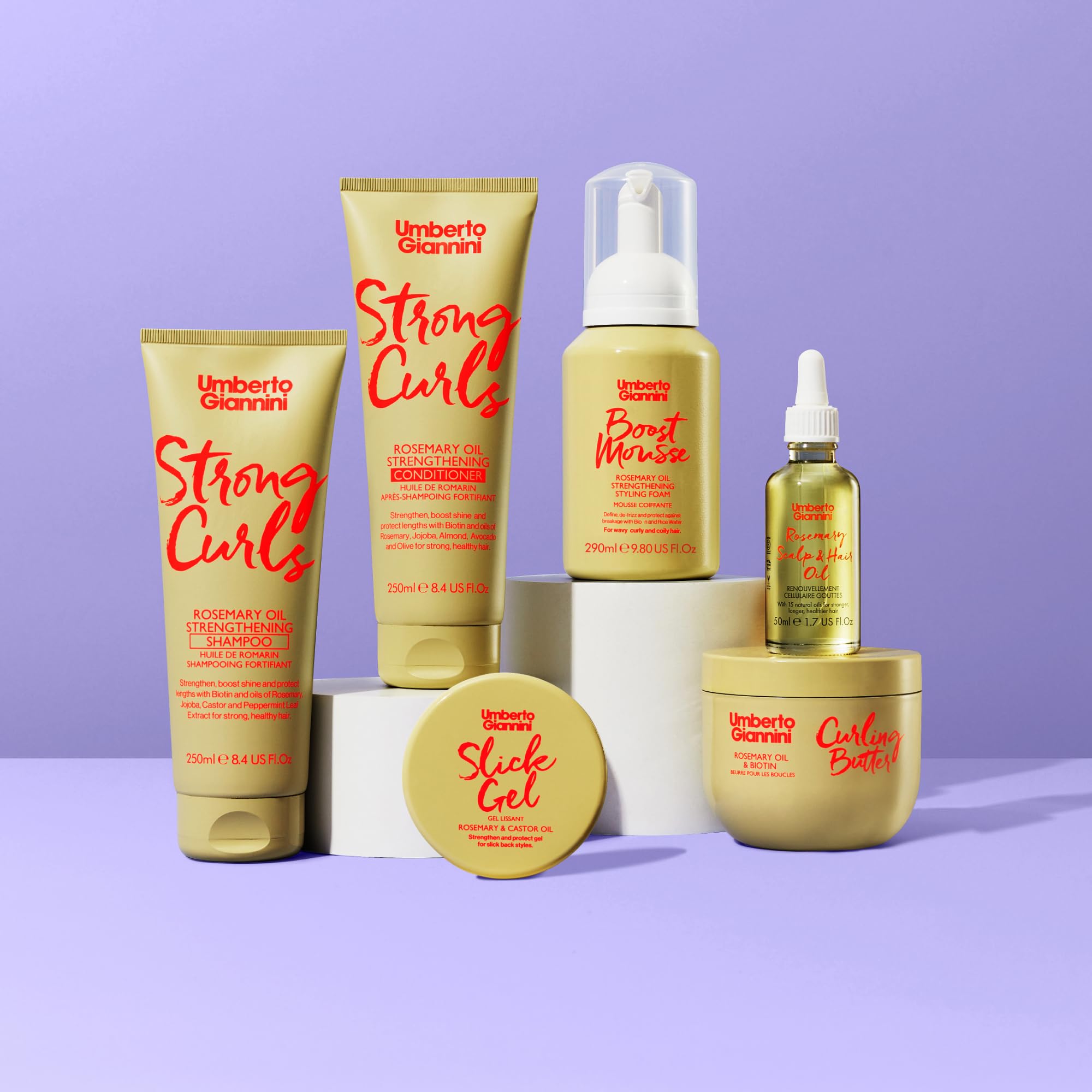 Umberto Giannini Curly Hair Routine Kit Strong Curls (6 Produkte) Wash & Style Curly, Coily, Wavy Hair: Includes Shampoo, Conditioner, Mousse, Curl Cream, Slick Gel + Rosmarin Oil