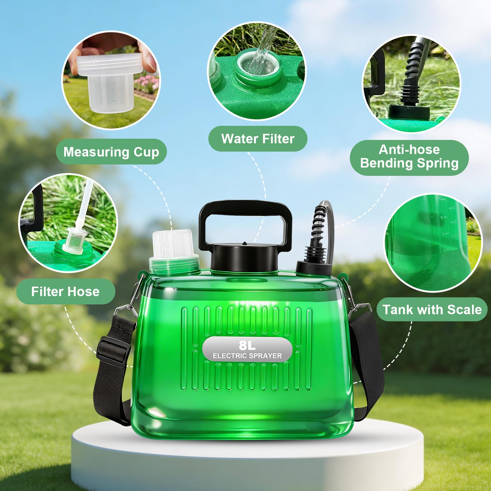 SideKing Pulvérisateur Électrique 8L, Pulverisateur de Jardin, Poignée 3 Vitesses Réglables, 4 Buses, Lance Télescopique, Pulvérisateur à Batterie pour Désherbage, Pelouse, Allée - Vert Transparent