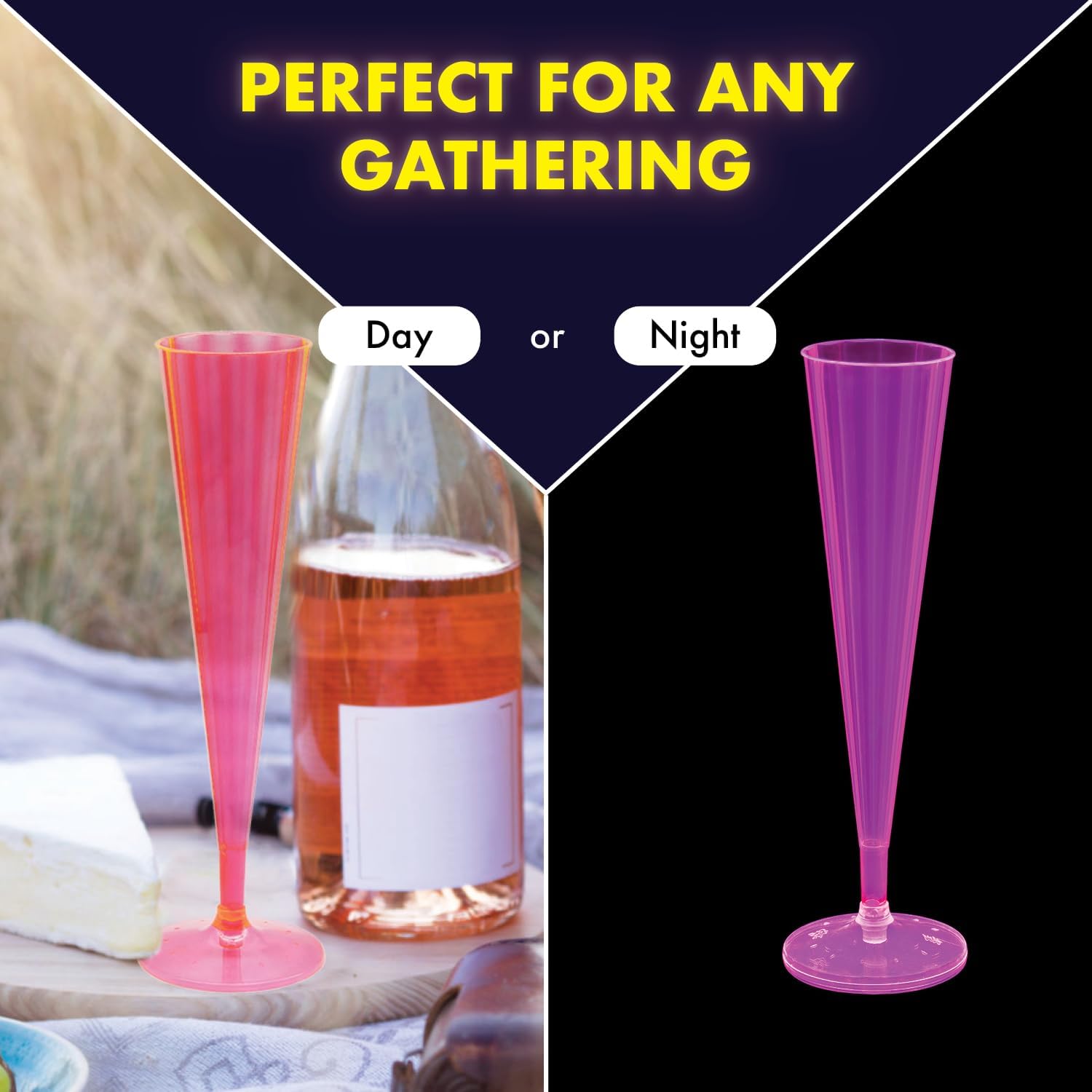 Party Essentials 20 Count Hard Plastic Twopiece 5 oz Champagne Flutes, Neon Pink - Image 3