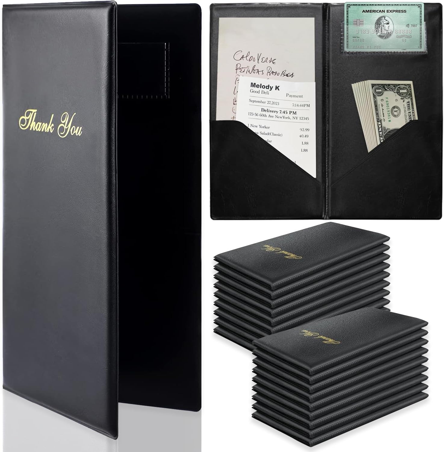 10 Pack Check Presenters for Restaurants 10"x5.5" Checkbook Presenters for Servers PVC Leather Guest Check Card Holder with Gold Thank You Imprint Black Guest Checkbook for Restaurants Cafe Bar Eatery