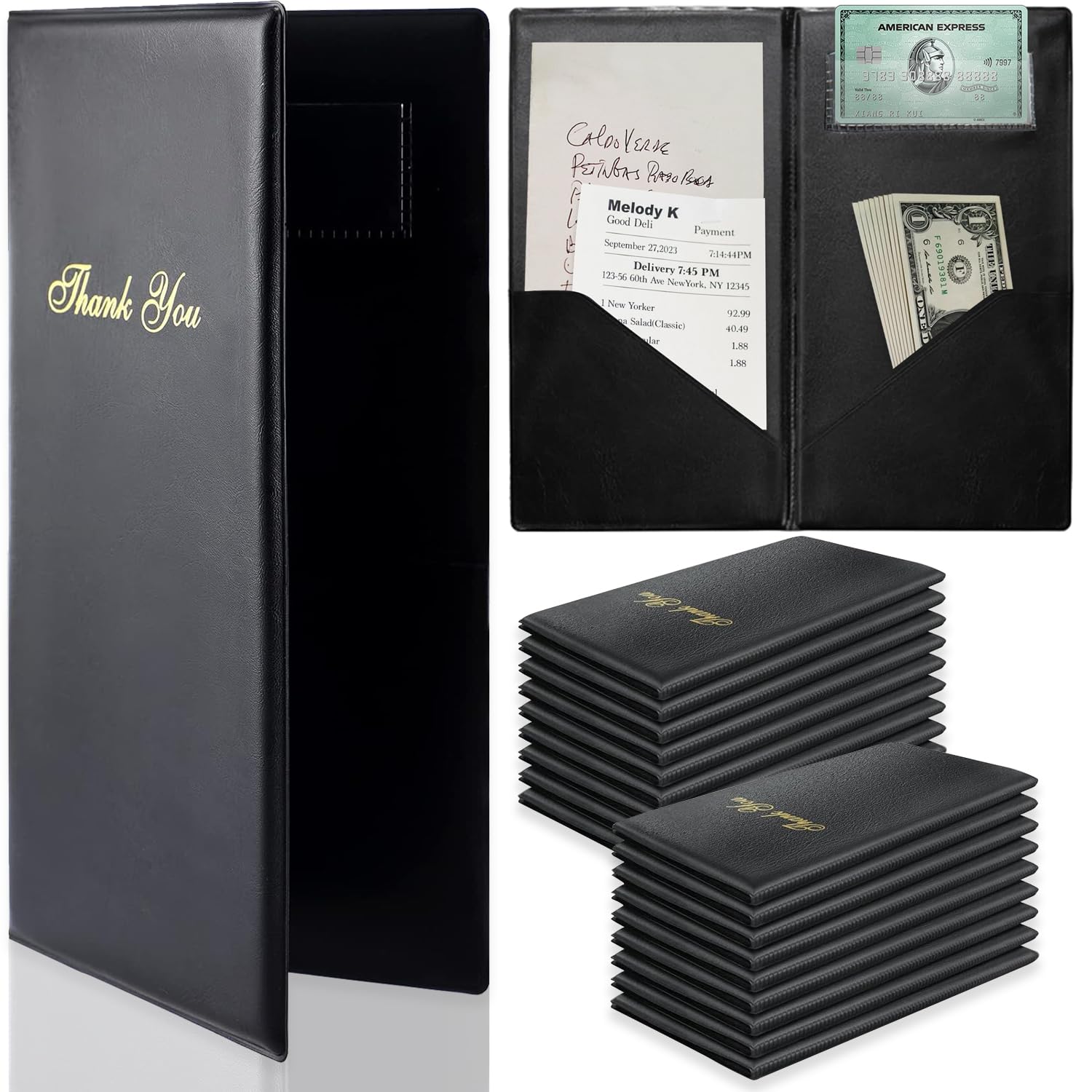 10 Pack Check Presenters for Restaurants 10"x5.5" Check Presenters for Servers PVC Leather Guest Check Card Holder with Gold Thank You Imprint Black Guest Checkbook for Restaurants Cafe Bar Eatery