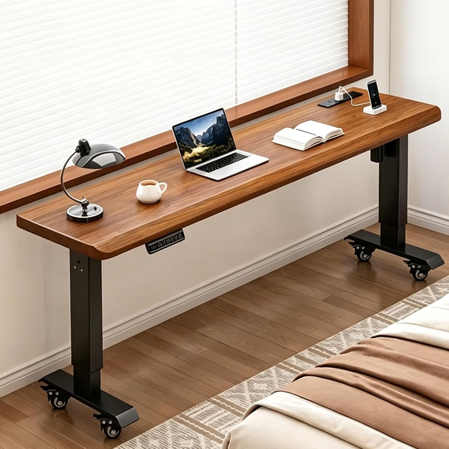 JKGHK Adjustable Overbed Table on Wheels with 4-speed Memory Key, Wood Mobile Desk with Storage, Medical/Home Rolling Laptop Workstation for Bed, Office, Study(Brown+black,71x20in/180x50cm)