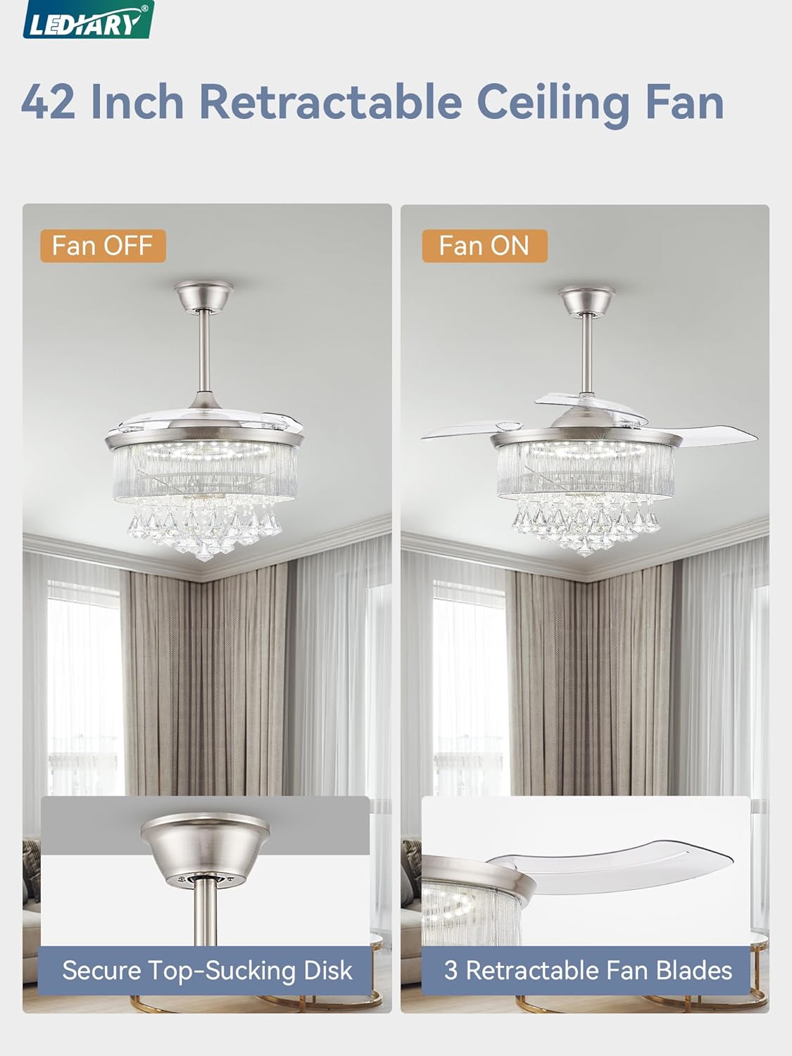 Side-by-side comparison of the fan with blades retracted (Fan OFF) and extended (Fan ON).