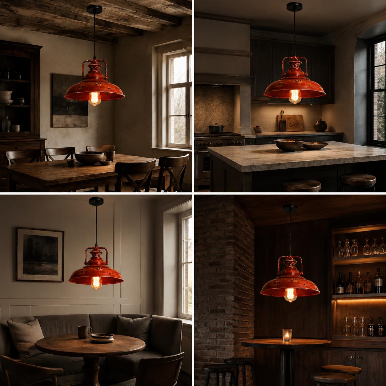 Rustykalna czerwona lampa wisząca z postarzanym metalowym kloszem, E26/E27